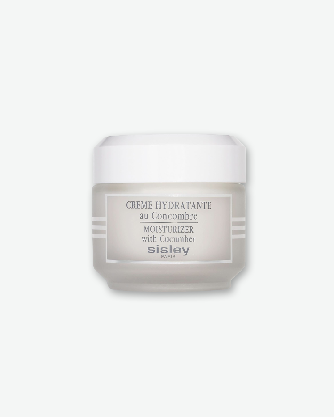 Sisley Paris Moisturizer with Cucumber in a frosted clear glass jar with a solid white cap, featuring a clean white rectangular frame around the grey text and side horizontal stripes, isolated on a light grey background.