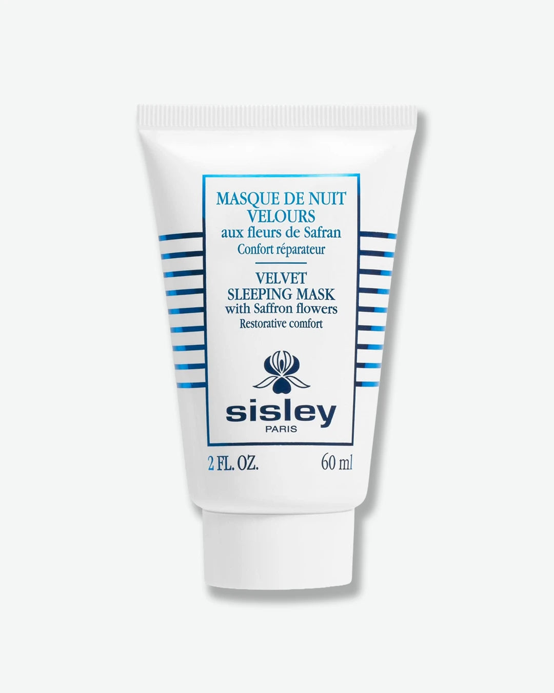 A white squeeze tube of Sisley Paris Velvet Sleeping Mask with Saffron Flowers, featuring blue text and horizontal accent stripes.