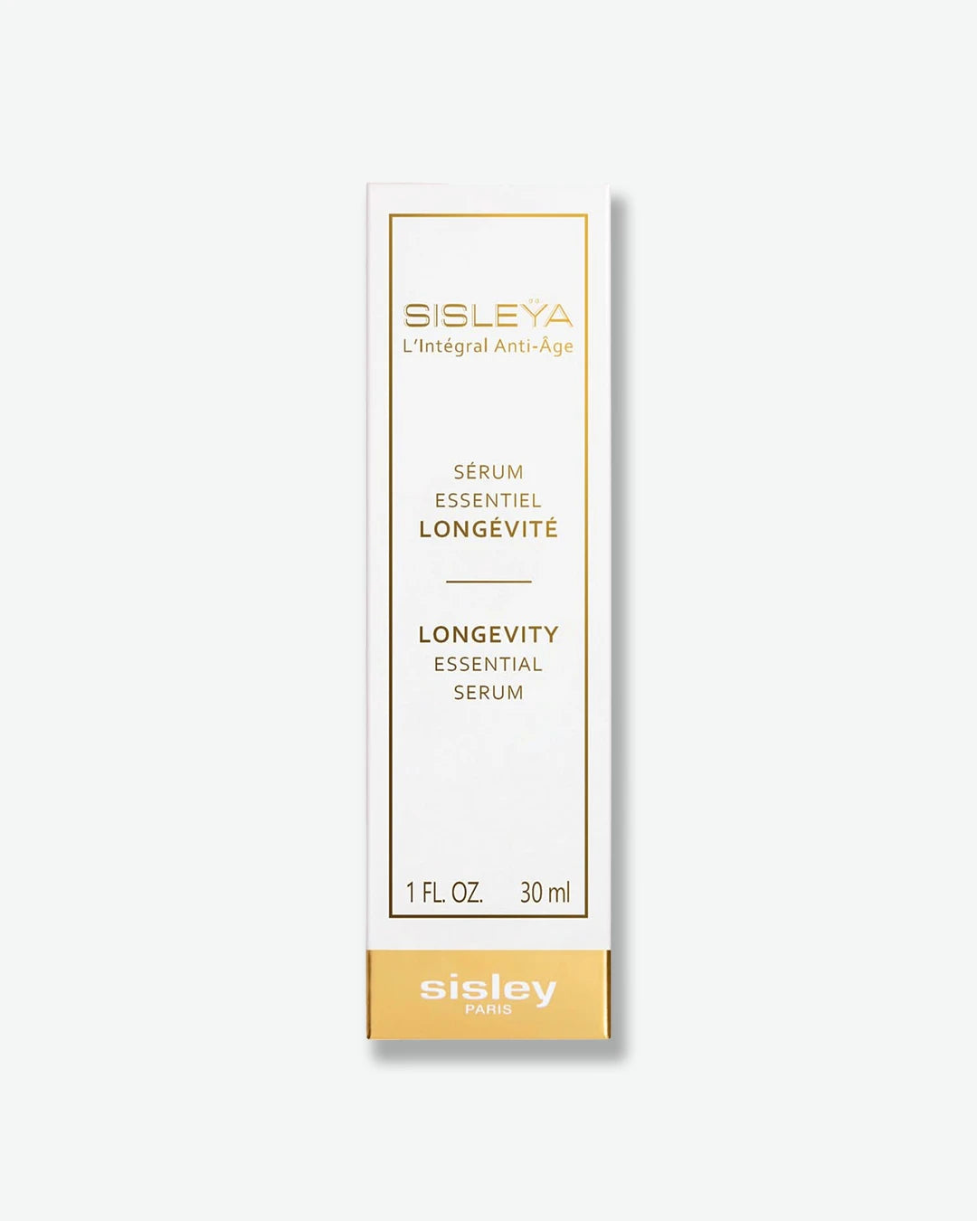 The front of the white outer packaging box for Sisley Paris Sisleÿa L'Intégral Anti-Âge Longevity Essential Serum, detailed with gold text, a gold border, and a solid metallic gold base block.
