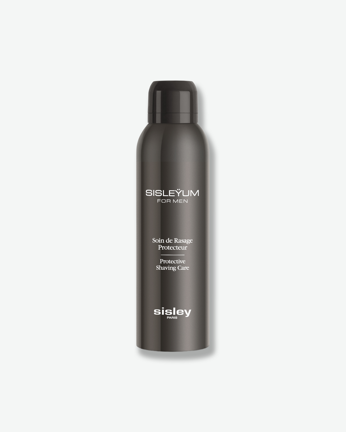 A dark gray aerosol can of Sisleyum for Men Protective Shaving Care by Sisley Paris, centered against a plain white background.