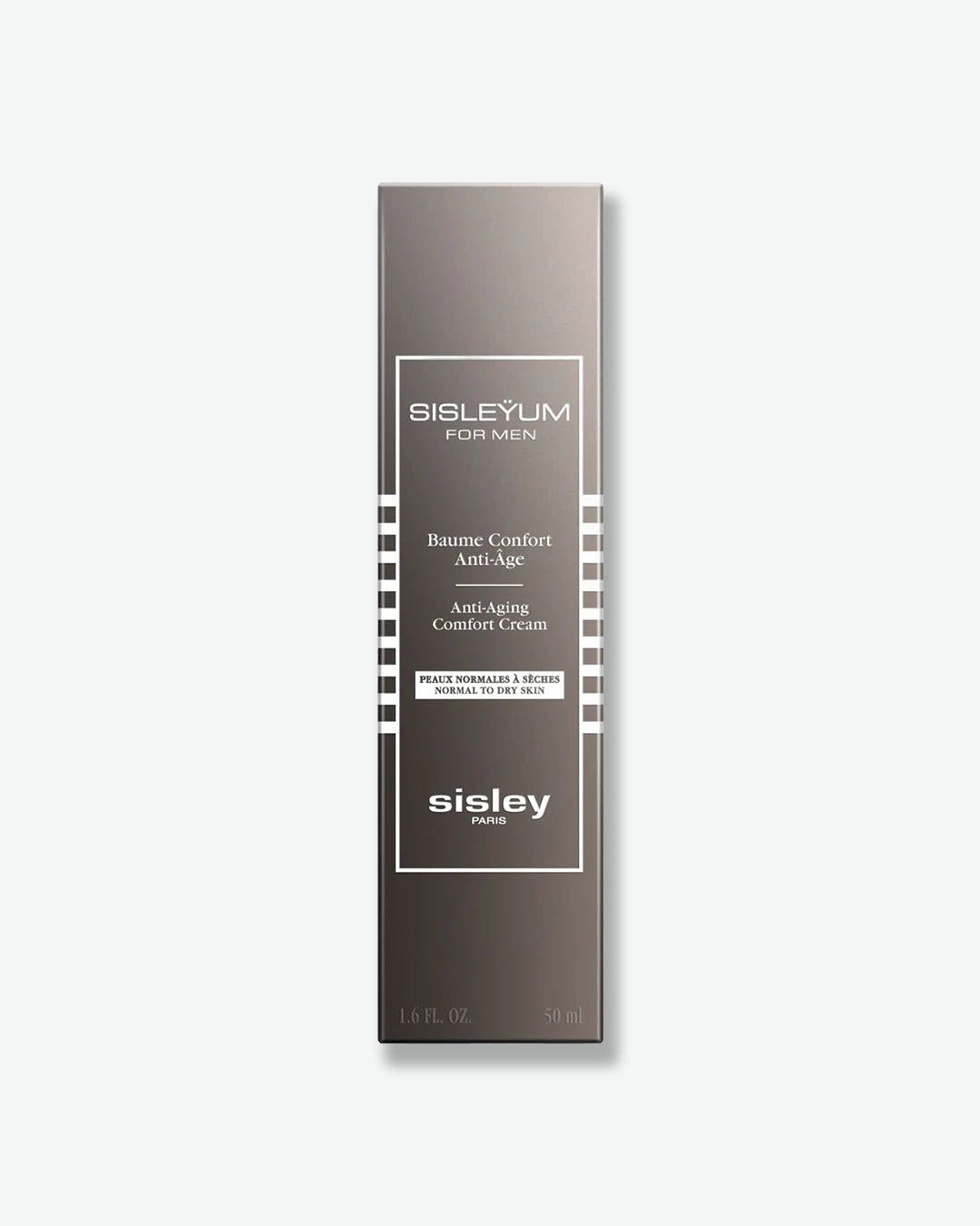 The front of the dark bronze-grey outer packaging box for Sisleyum for Men Anti-Aging Comfort Cream, detailed with white text, a central white frame, and 50 ml volume labeling.