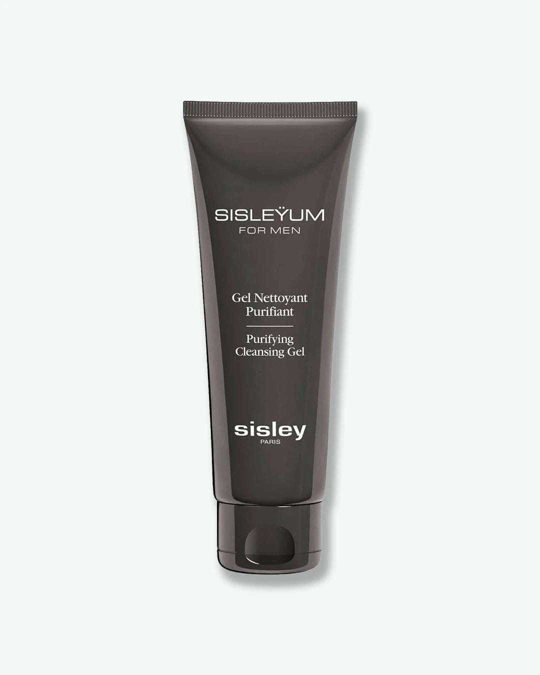A glossy, dark bronze-grey squeeze tube of Sisleyum for Men Purifying Cleansing Gel by Sisley Paris, standing vertically on its matching dark cap.