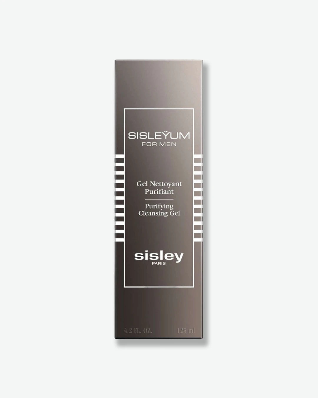 The front of the dark bronze-grey outer packaging box for Sisleyum for Men Purifying Cleansing Gel, detailed with white text, a white border, and a 125 ml volume label.