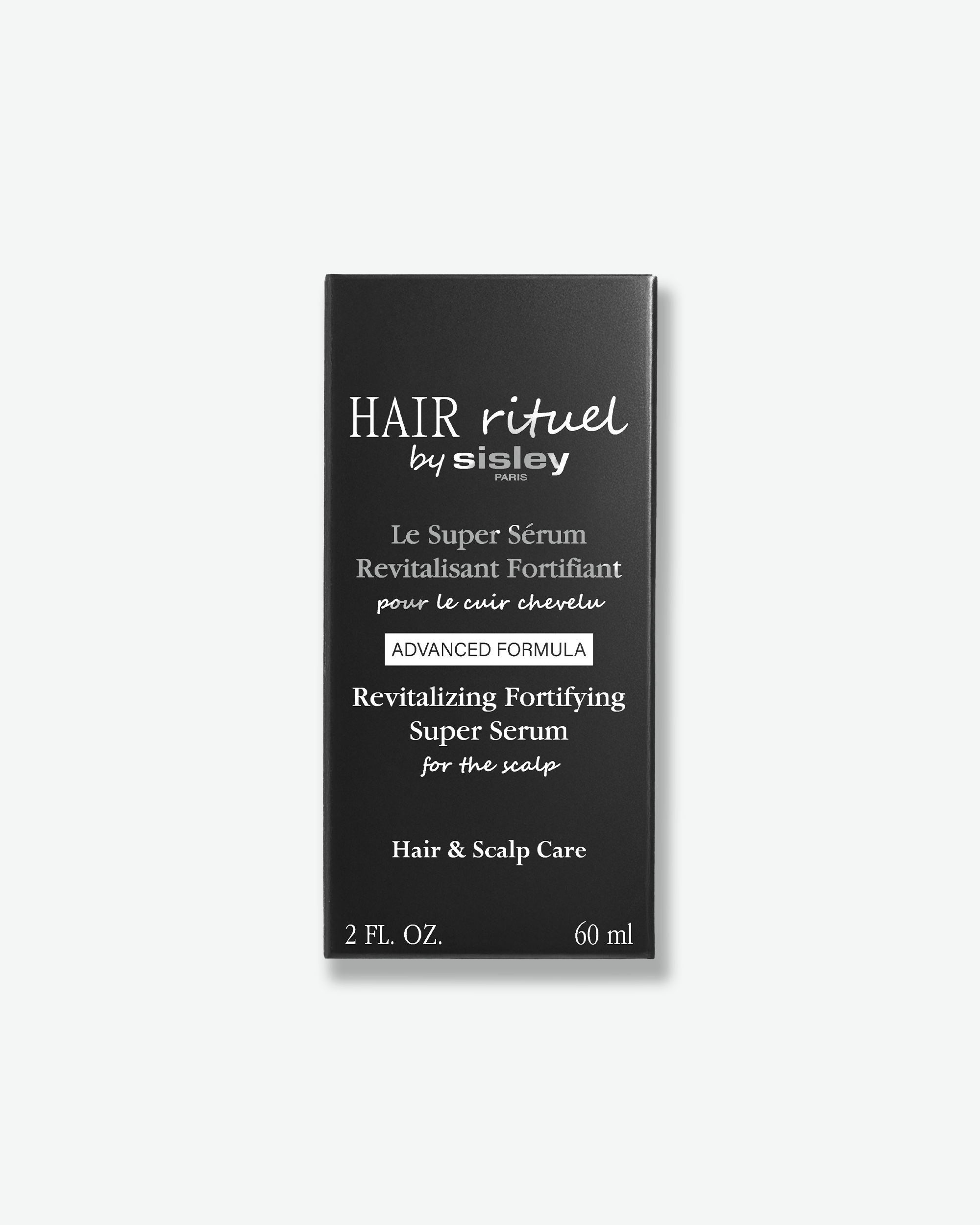 A black rectangular box for Hair Rituel by Sisley Revitalizing Fortifying Super Serum, featuring white product text centered on a plain white background.