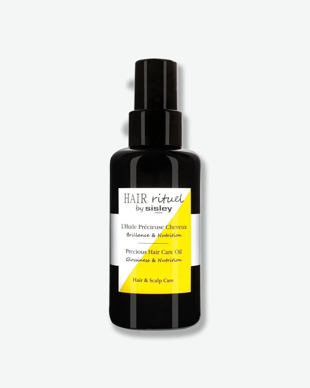 A glossy black pump bottle of Hair Rituel by Sisley Precious Hair Care Oil (L'Huile Précieuse Cheveux), featured against a light grey background with a subtle drop shadow.