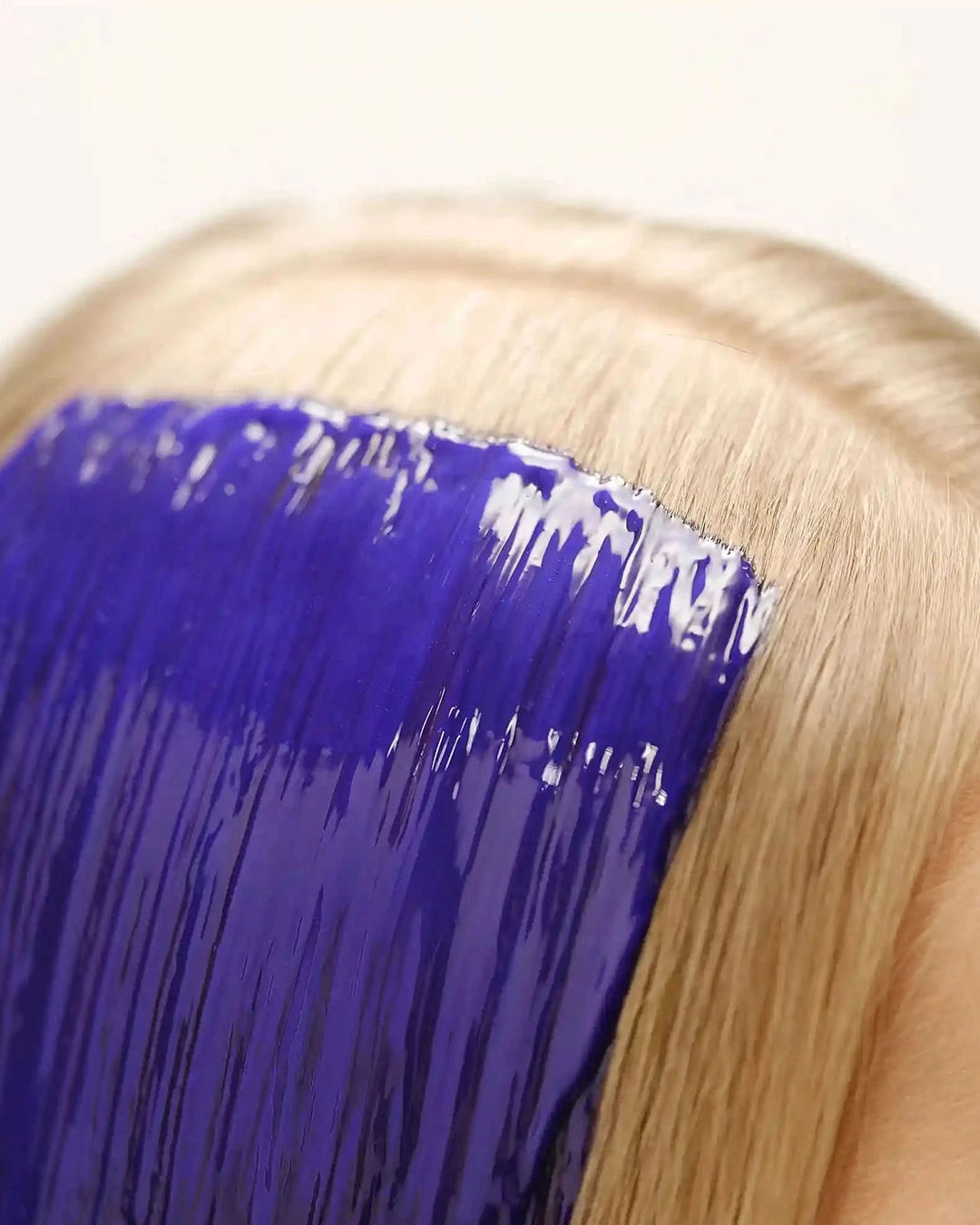 Close-up of a person with blue hair dye applied to the roots.