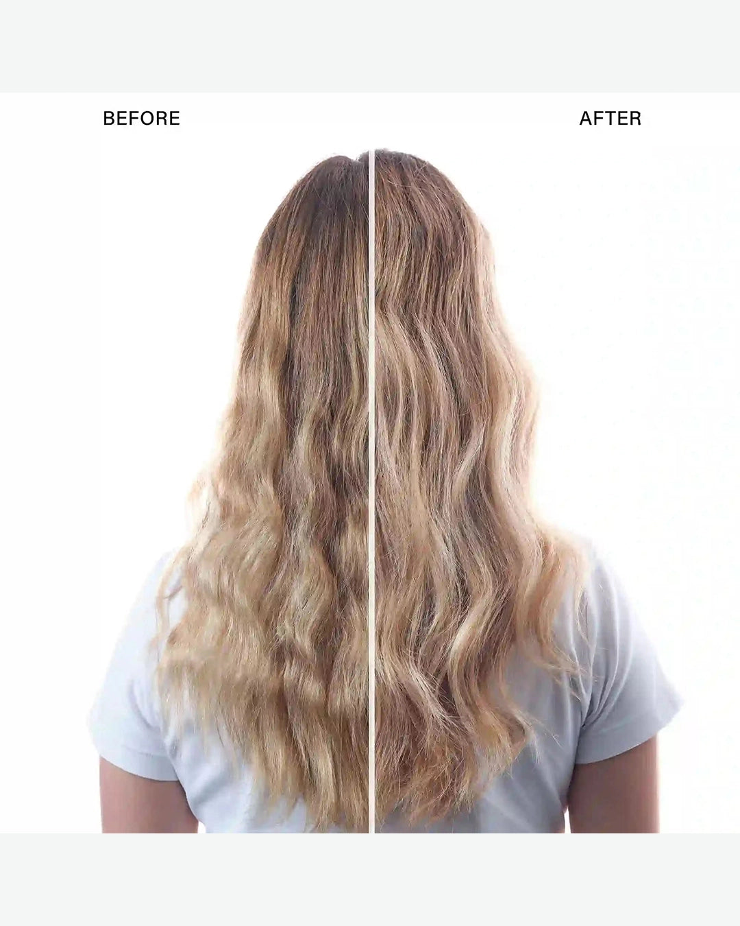Before and after comparison of long, wavy hair on a white background