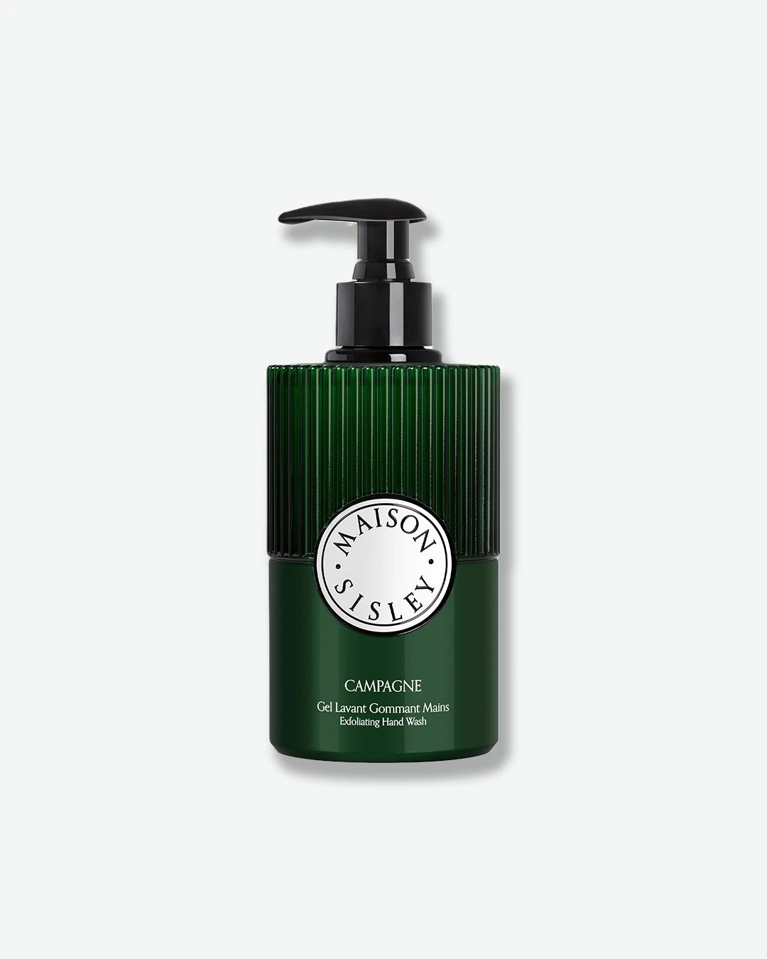 Green bottle with pump dispenser on a white background
