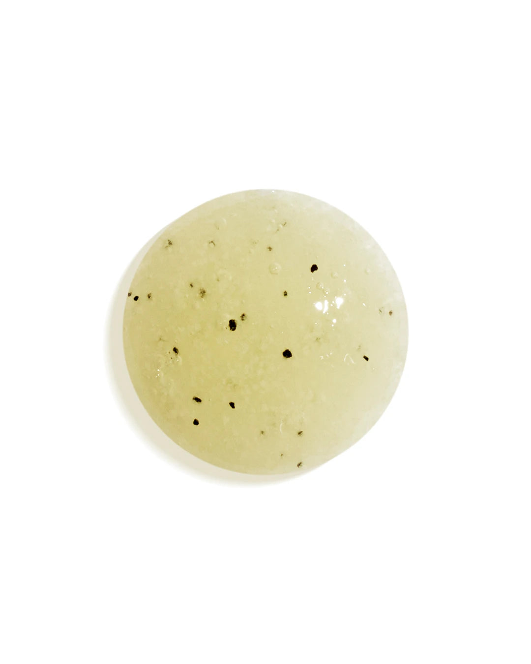 Round beige cream with black specks on a white background