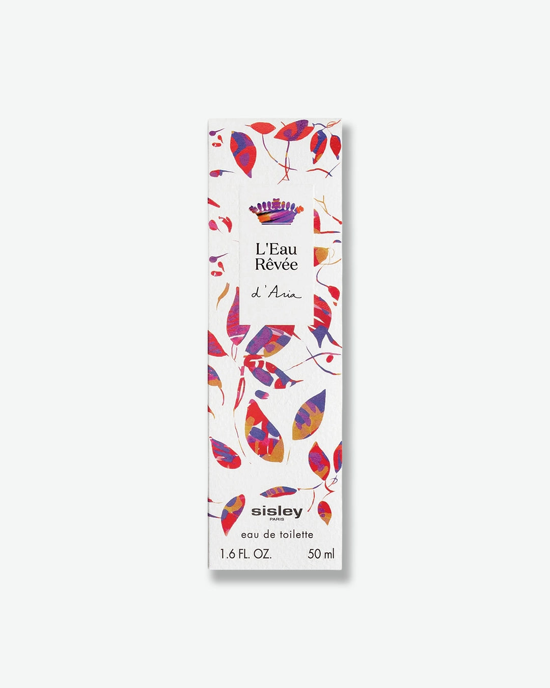 Sisley L'Eau Revee d'Aira perfume bottle packaging with colorful leaf design on a white background