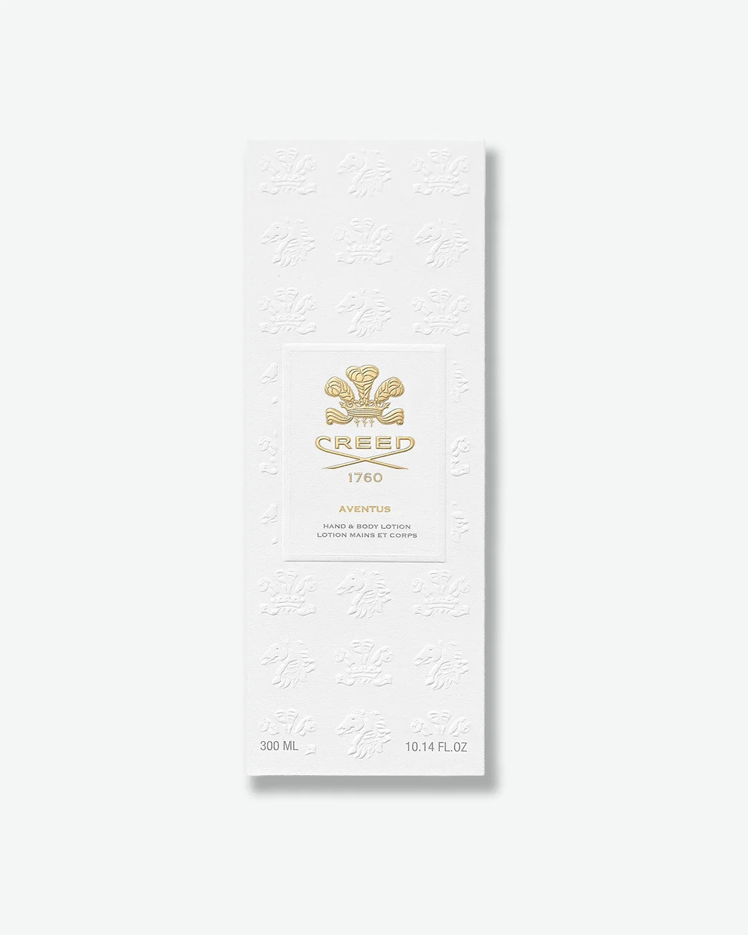 White embossed Creed Aventus Hand & Body Lotion packaging box on a white background
