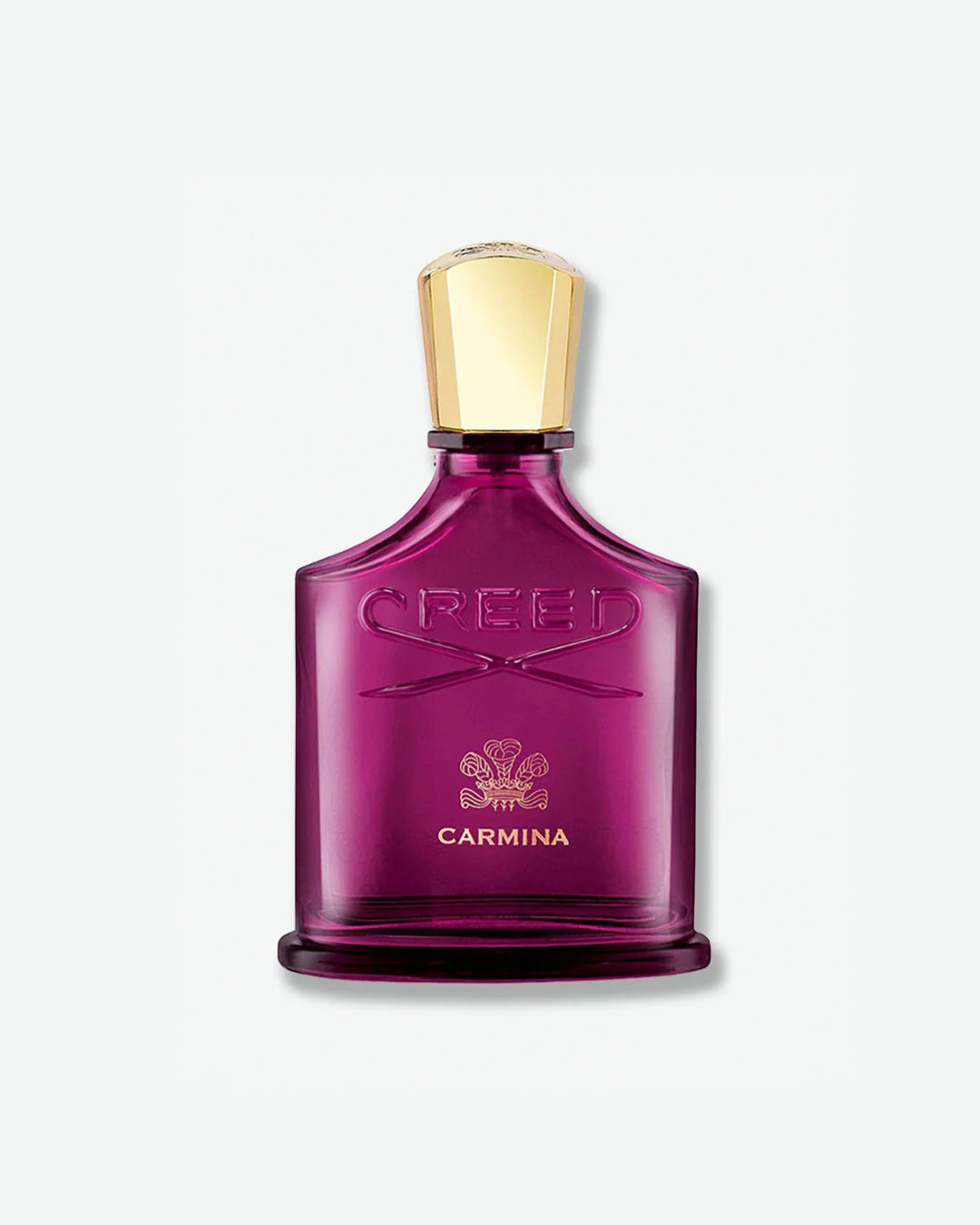 Creed Carmina Fragrance in an elegant translucent magenta glass bottle with an embossed logo and a polished gold cap, isolated against a light grey background.