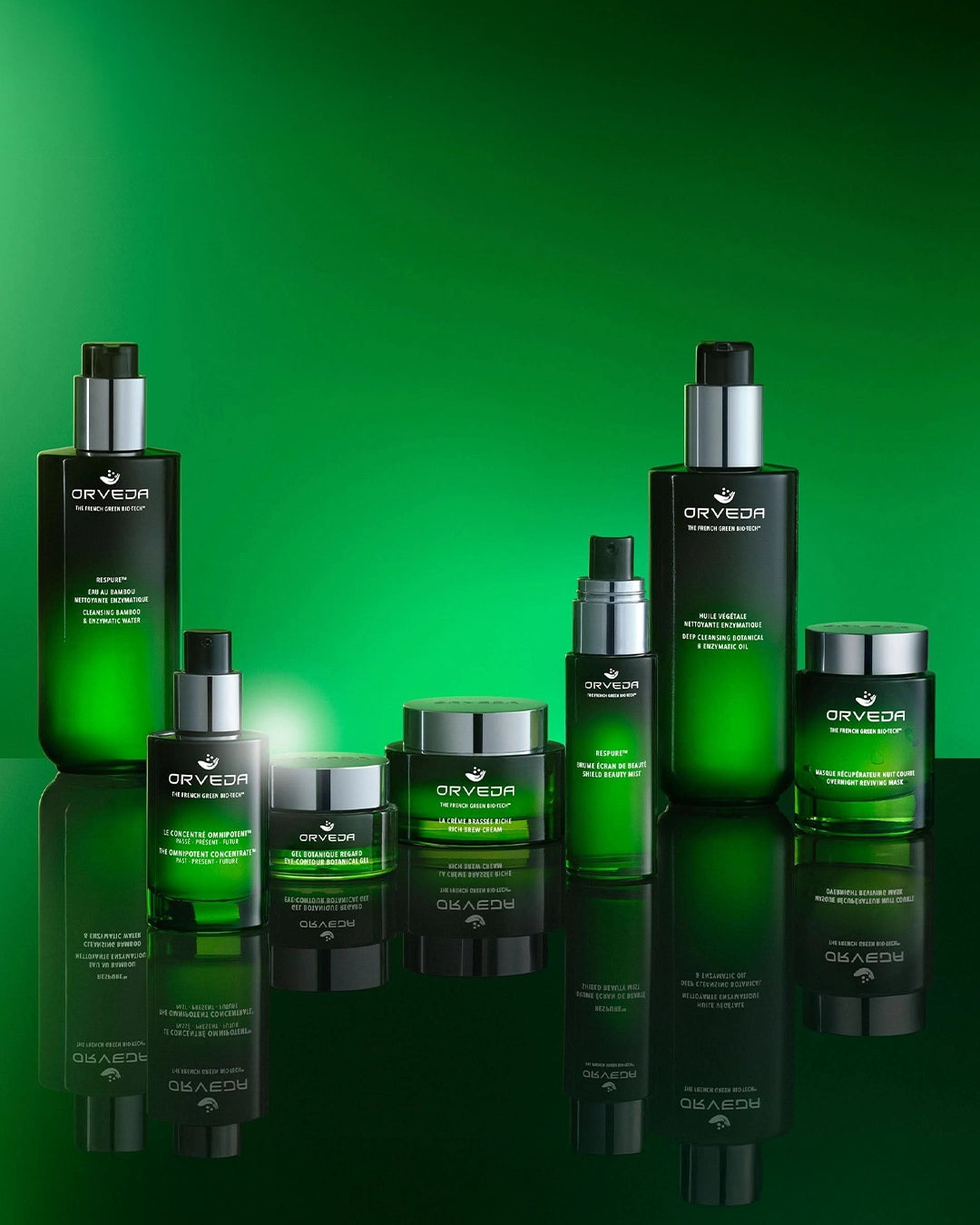 Collection of Orevda skincare products on a green background