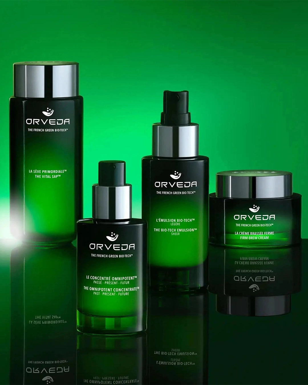 Orveda skincare products on a green background
