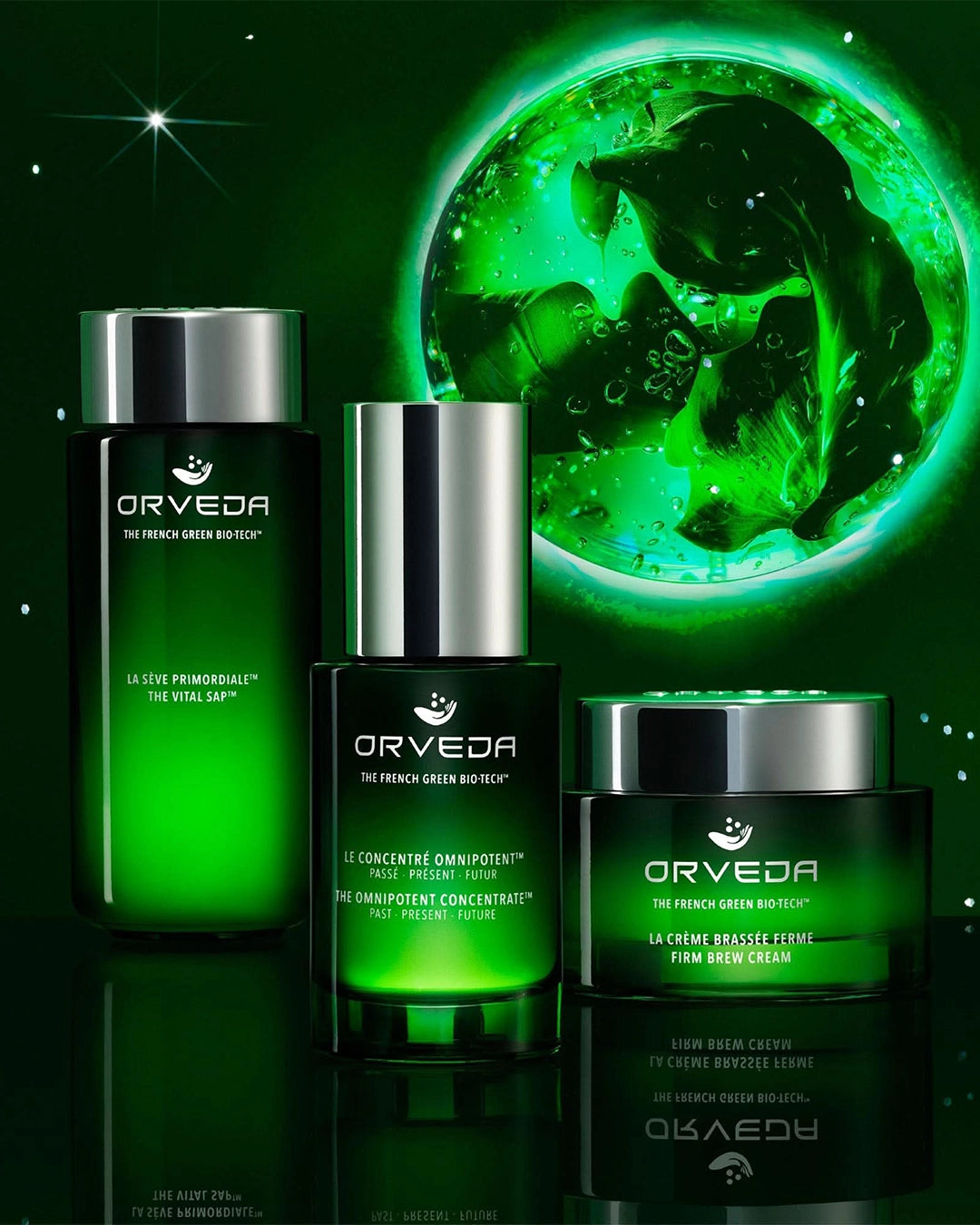 Orveda skincare products with a glowing green background