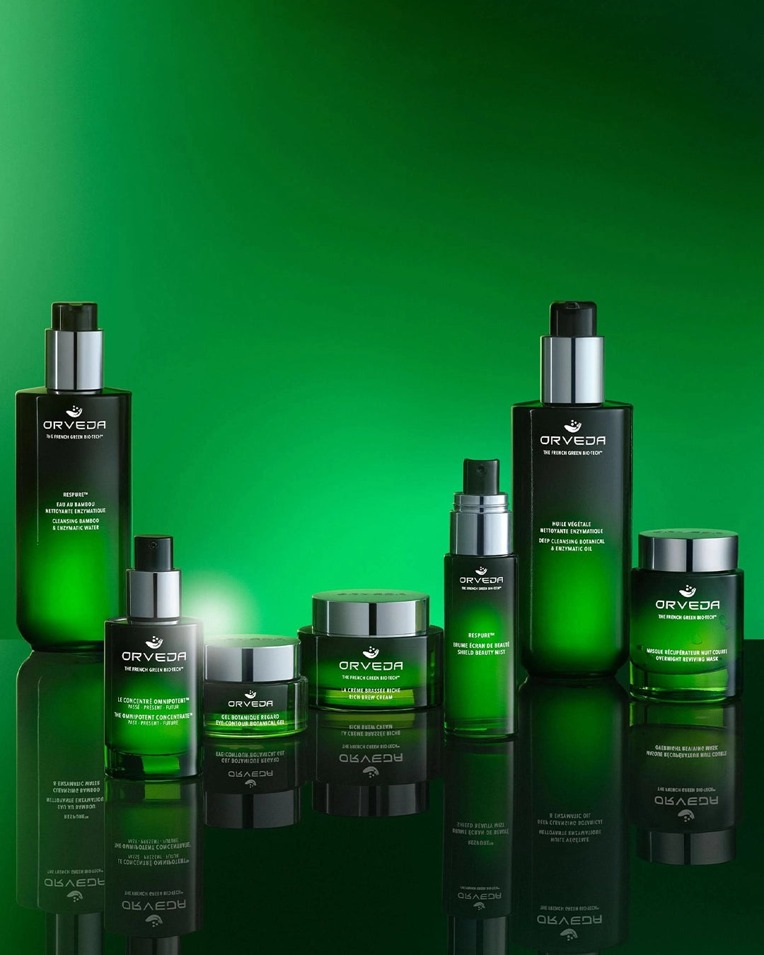 Orveda skincare products on a green background