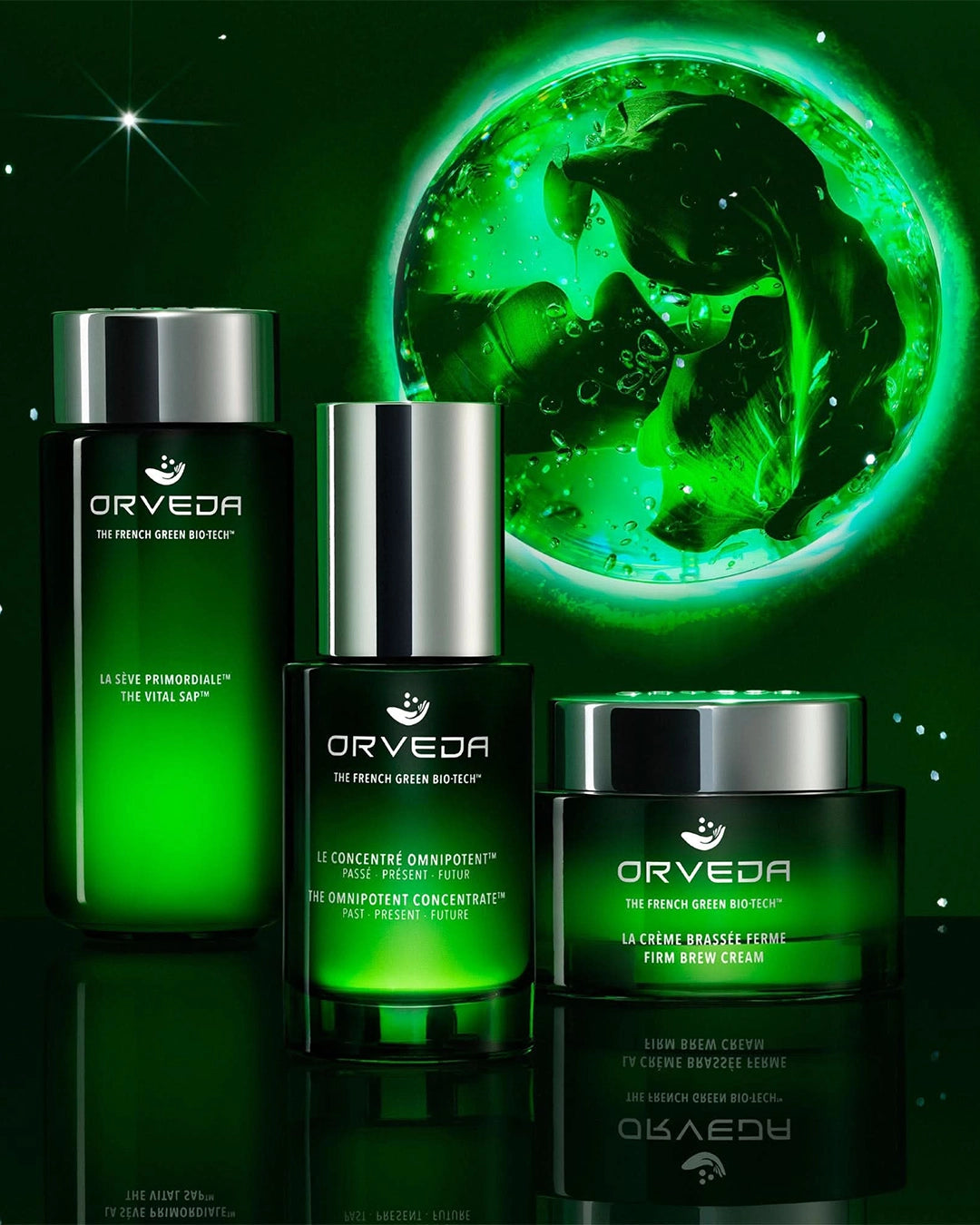 Orveda skincare products with a green glowing background