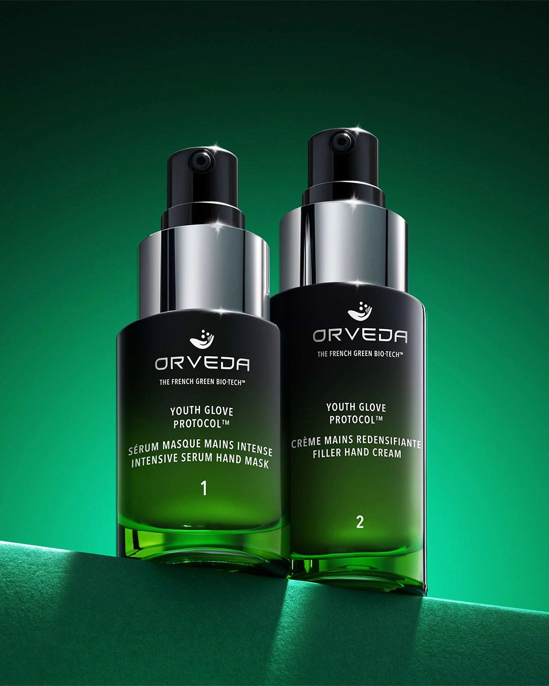 Two Orveda hand care products on a green background