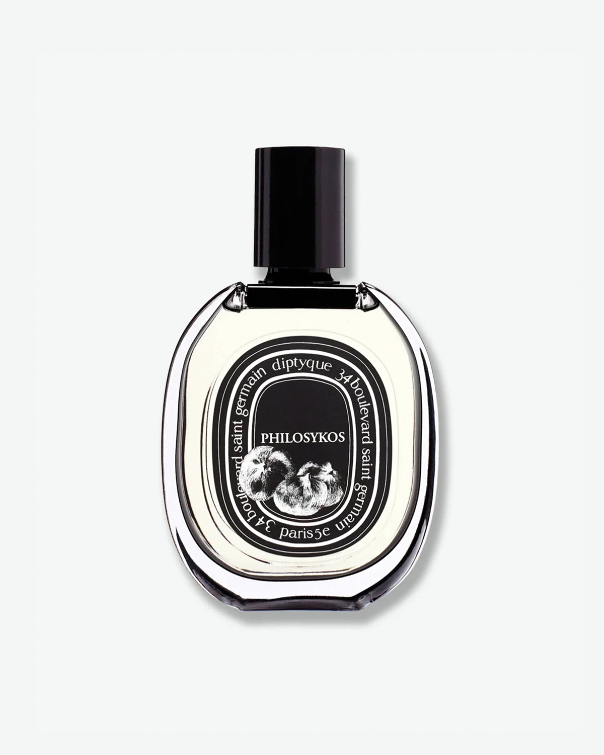 Diptyque Philosykos Eau de Parfum in a signature oval clear glass bottle with a black cap and a black and white fig illustration on the label, isolated on a light grey background.