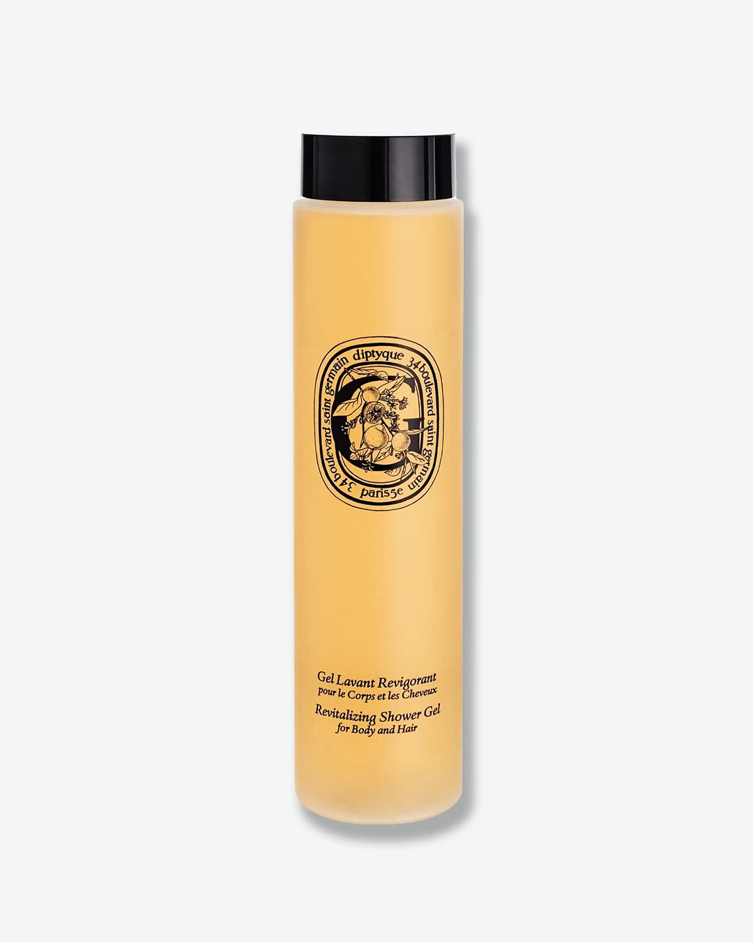 Yellow shower gel bottle with black cap on a white background