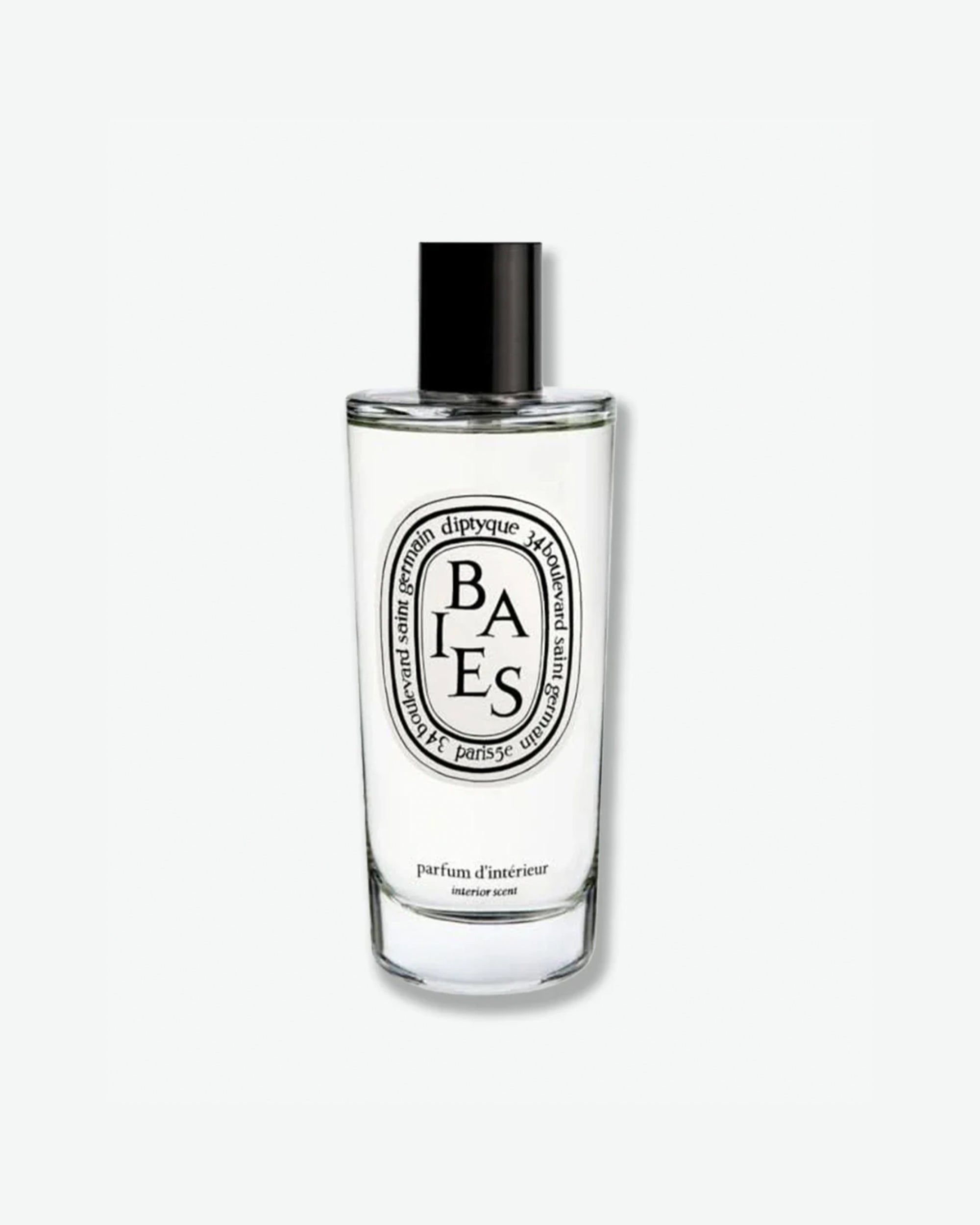 Diptyque Baies Parfum d'Intérieur room spray in a tall, sleek clear glass bottle with a black cap and the iconic oval logo label, isolated against a light grey background.