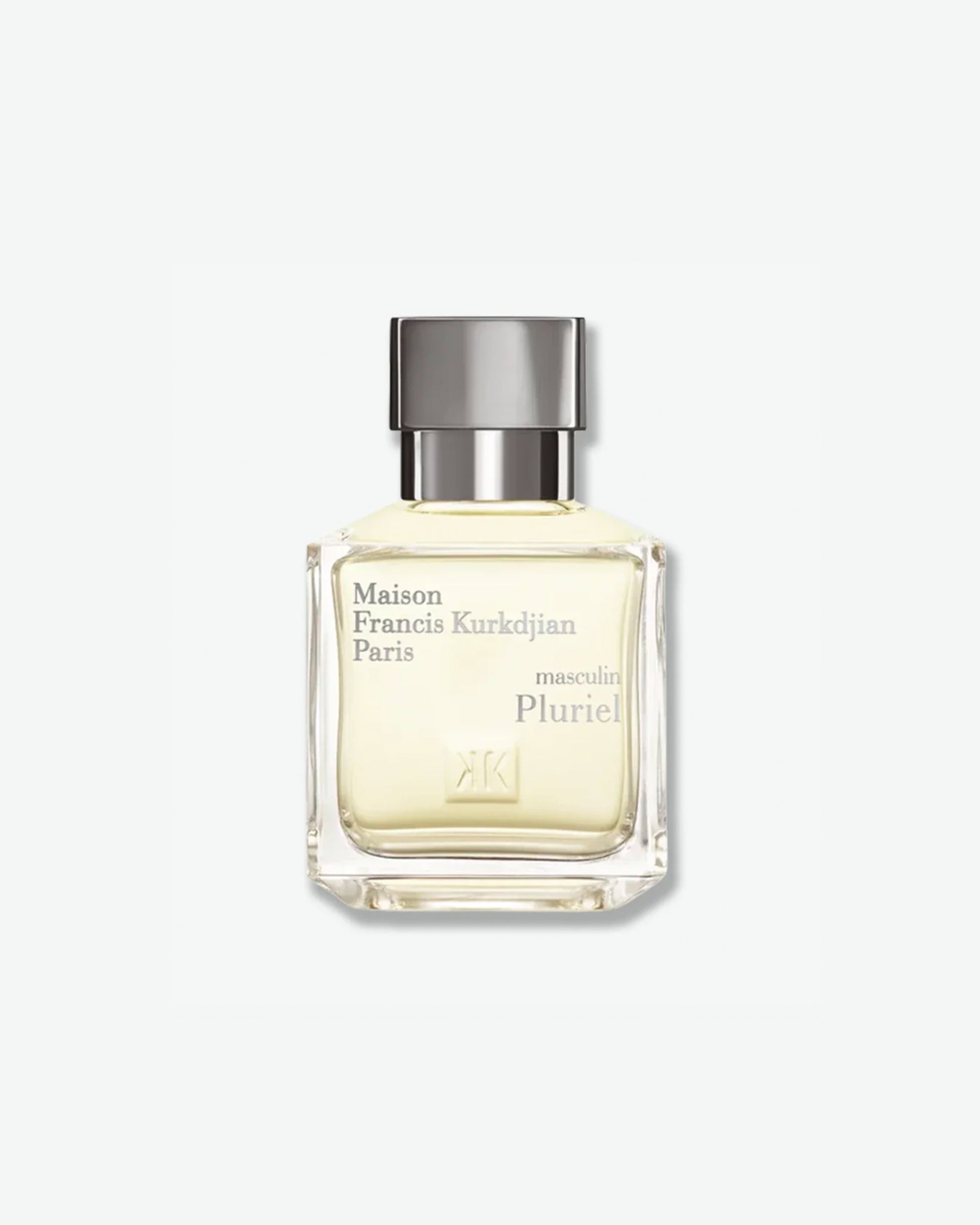 Perfume bottle with a silver cap on a white background