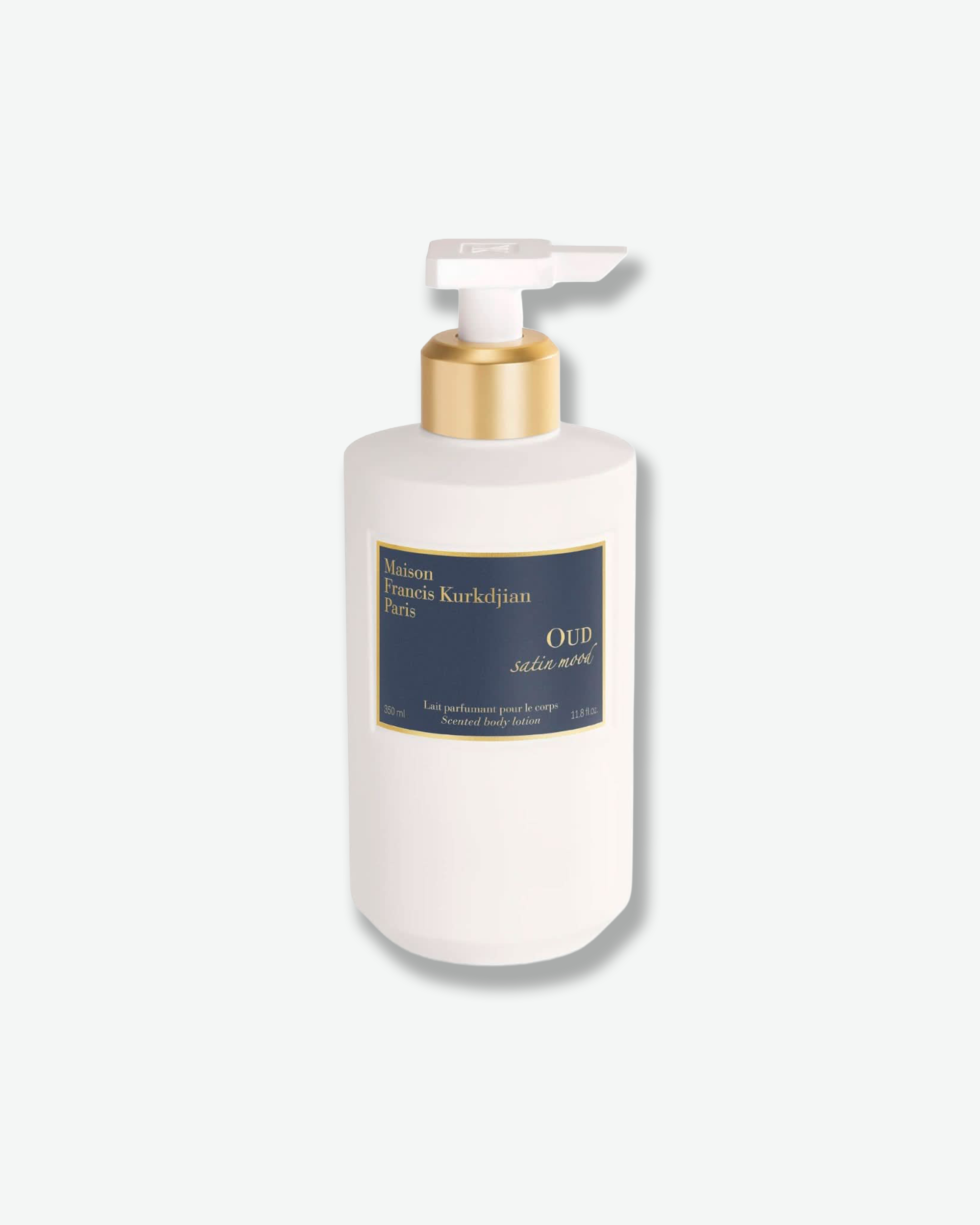 Front view of a white plastic pump bottle of Maison Francis Kurkdjian Paris "OUD satin mood" Scented body lotion (Lait parfumant pour le corps) in a 350 ml size, featuring a dark blue and gold label with a gold and white pump mechanism.