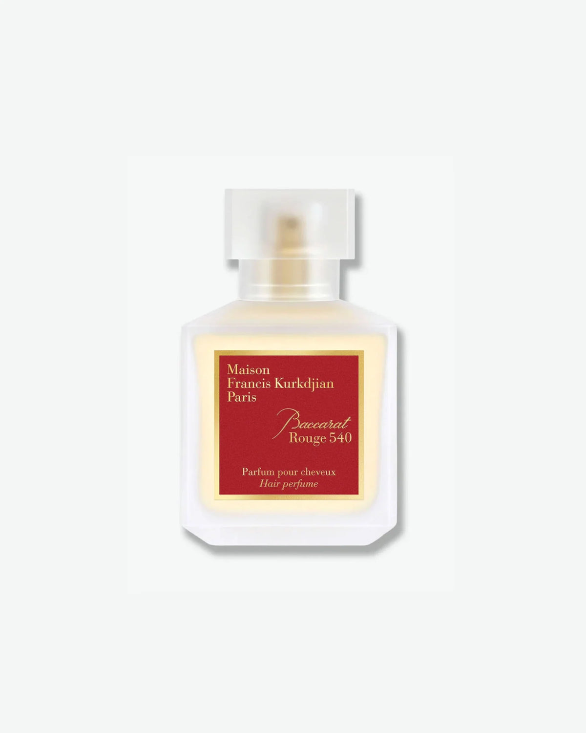 Baccarat Rouge 540 Hair Perfume in a frosted bottle with signature red and gold label.