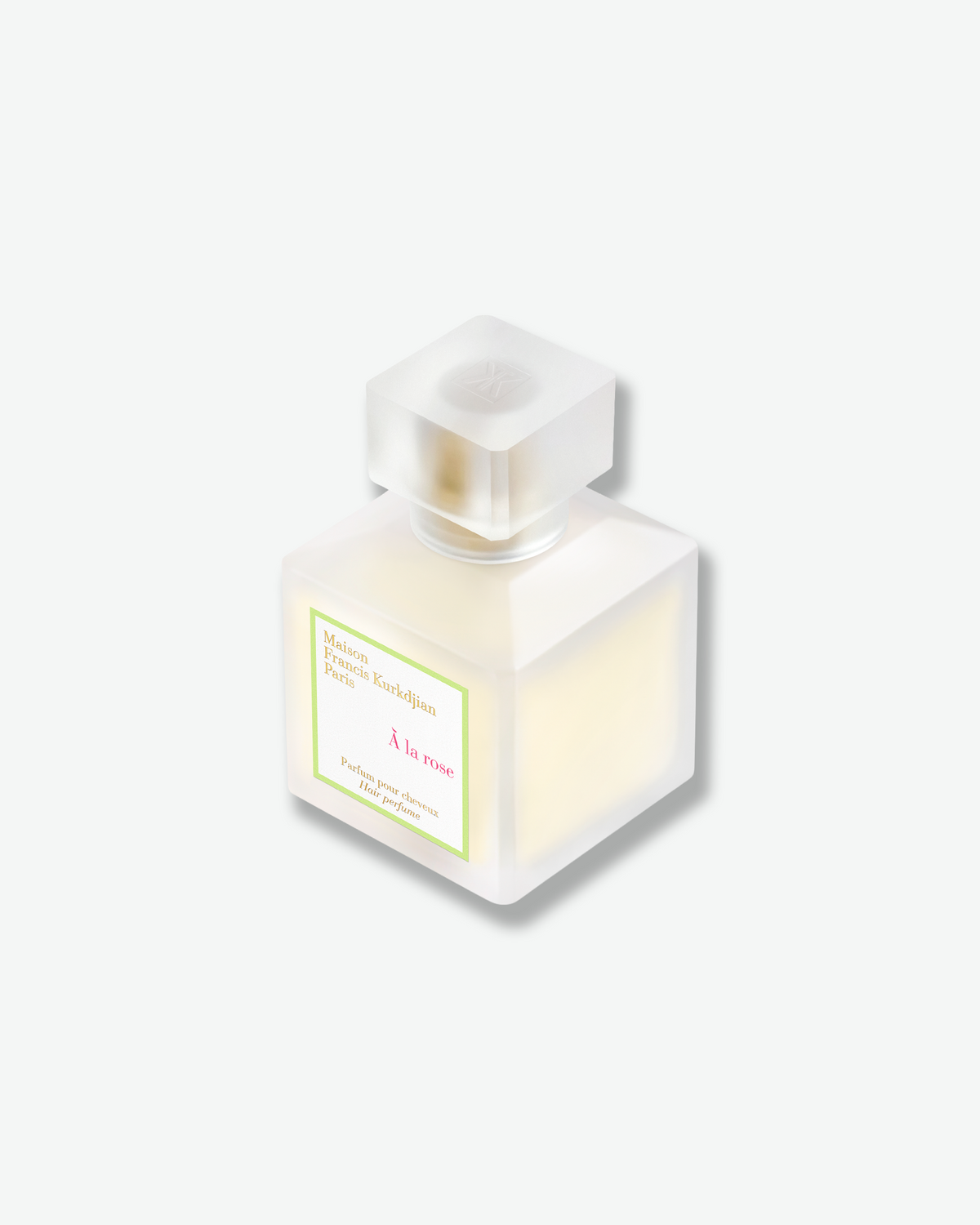 Maison Francis Kurkdjian À la rose Hair Perfume in a frosted glass bottle with square cap.