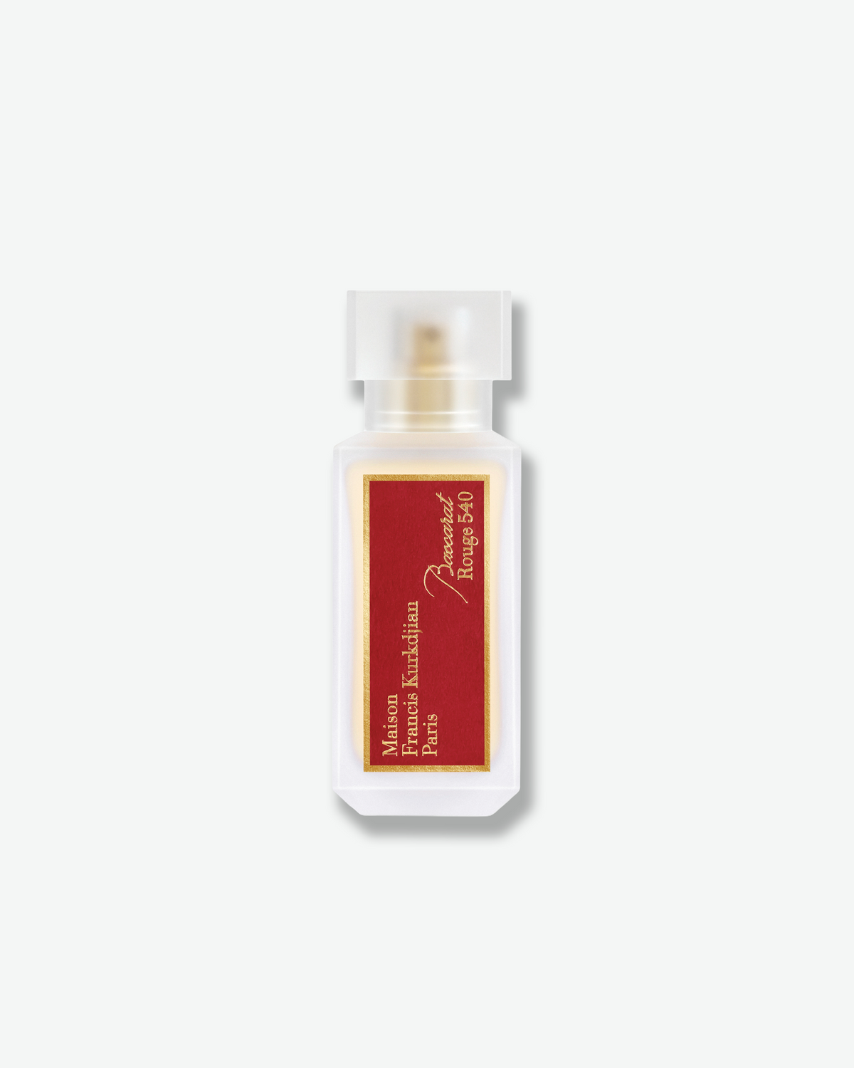 Maison Francis Kurkdjian Baccarat Rouge 540 hair perfume in a frosted glass bottle with a translucent cap and red and gold label.