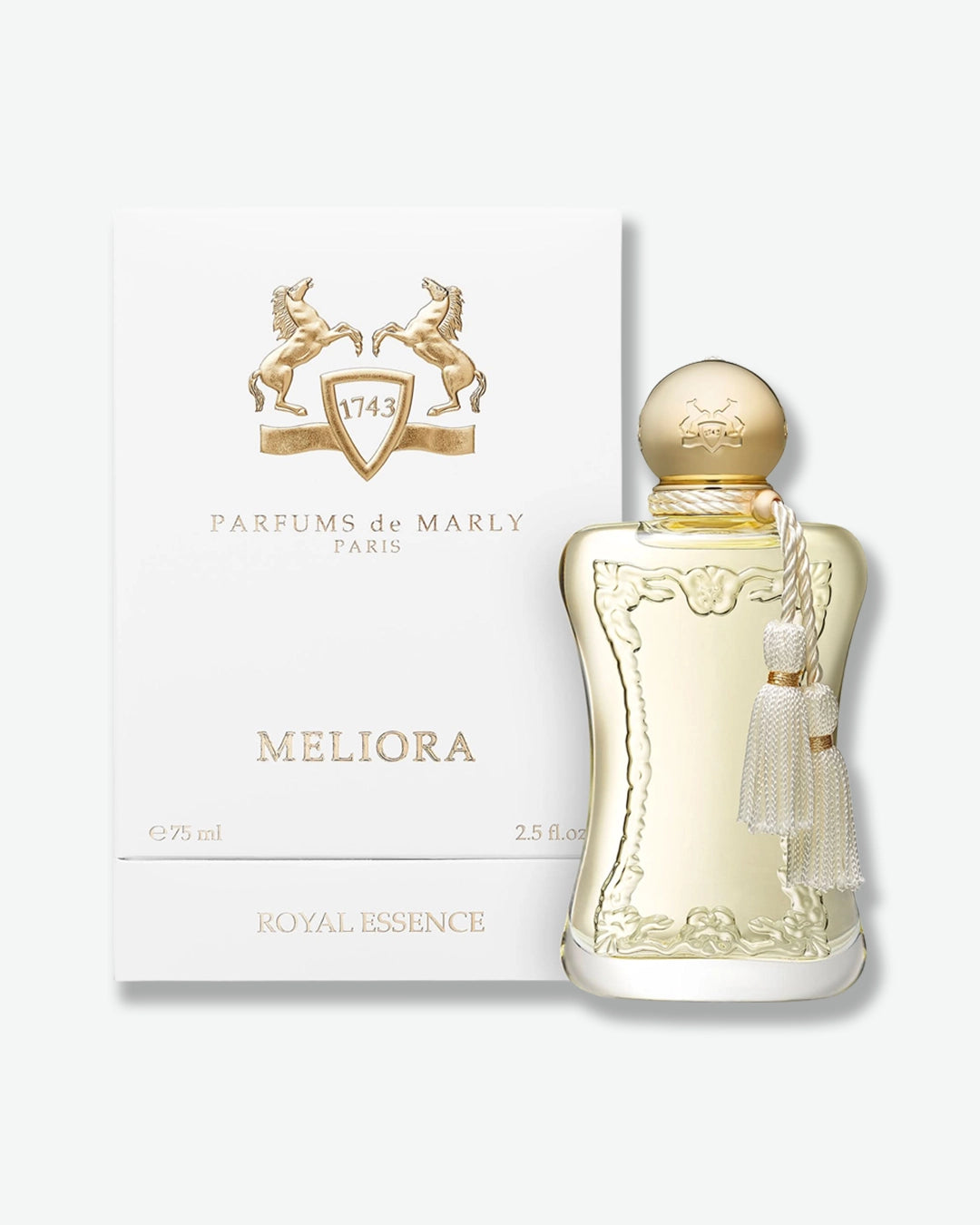 Perfume bottle and packaging of Parfums de Marly Meliora on a white background