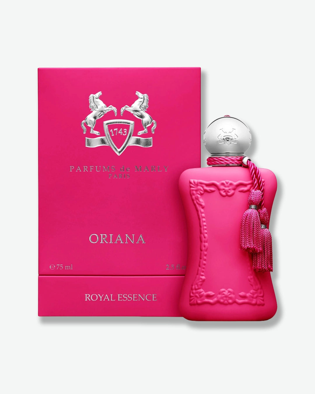 Pink Oriana perfume bottle with matching box on a white background