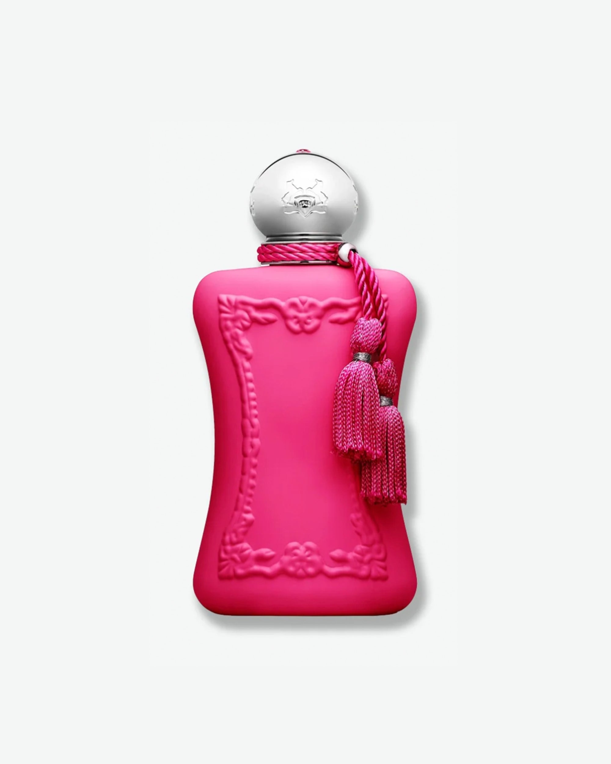 Pink perfume bottle with decorative elements on a white background