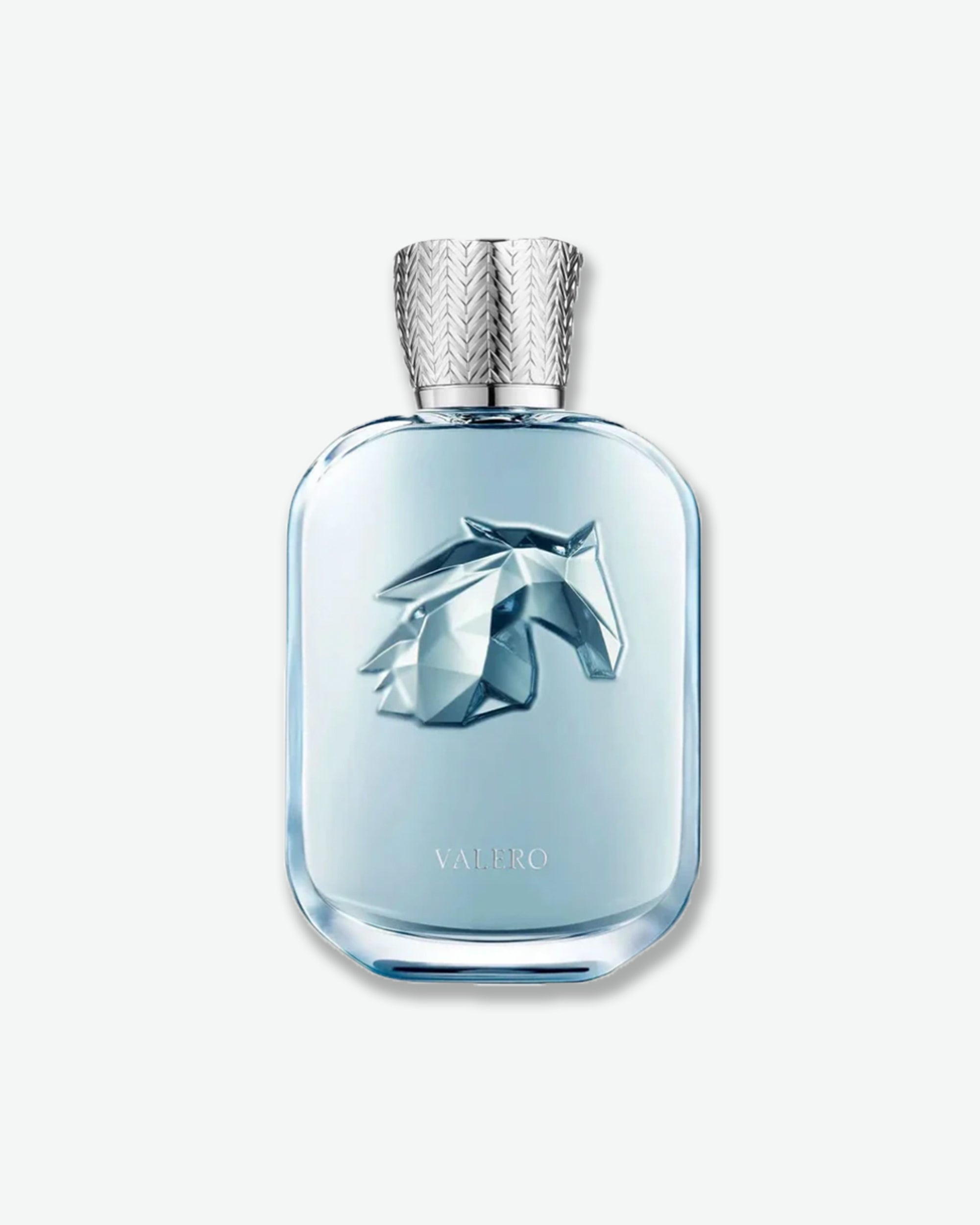 Perfume bottle with horse emblem on a white background