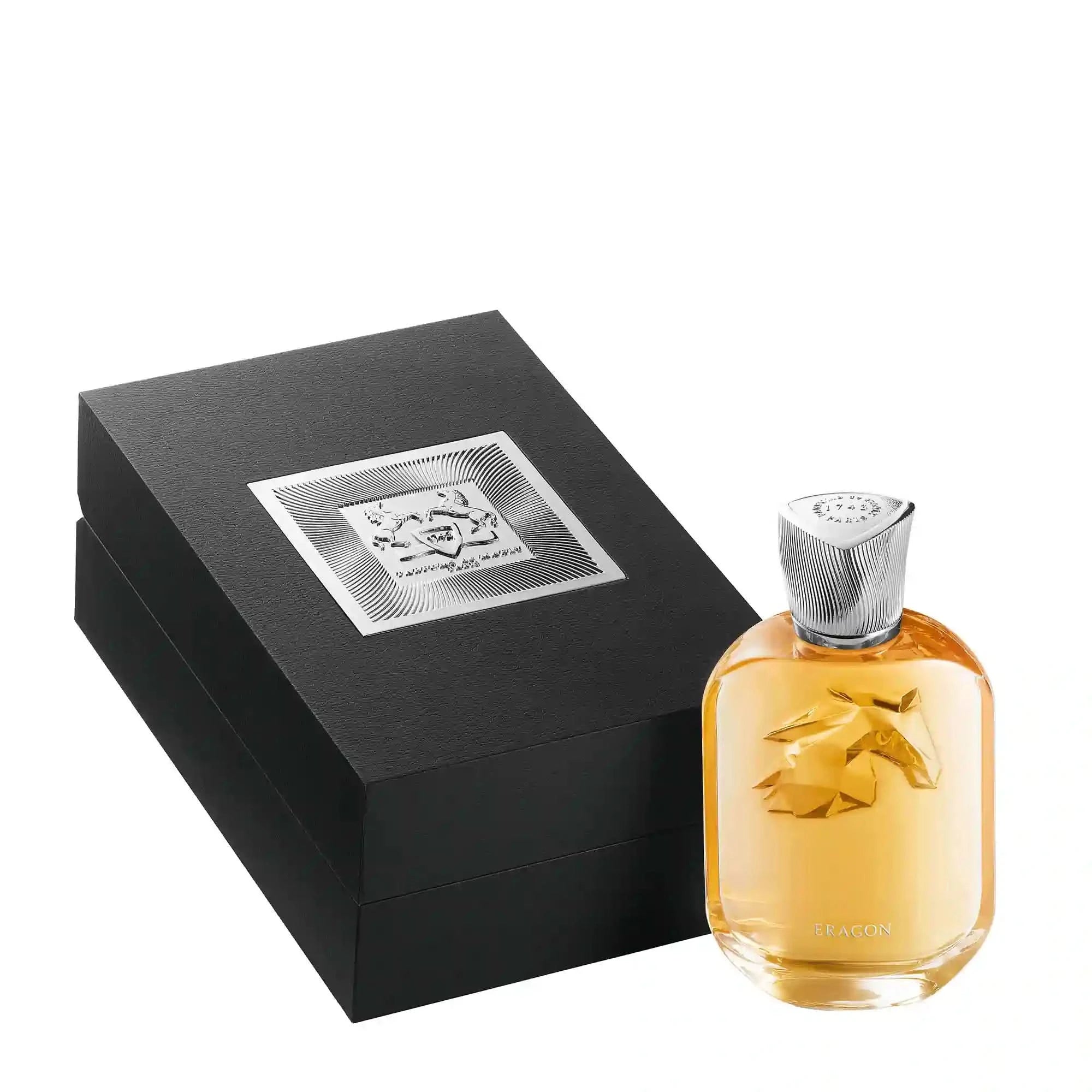 Perfume bottle with black box on a white background