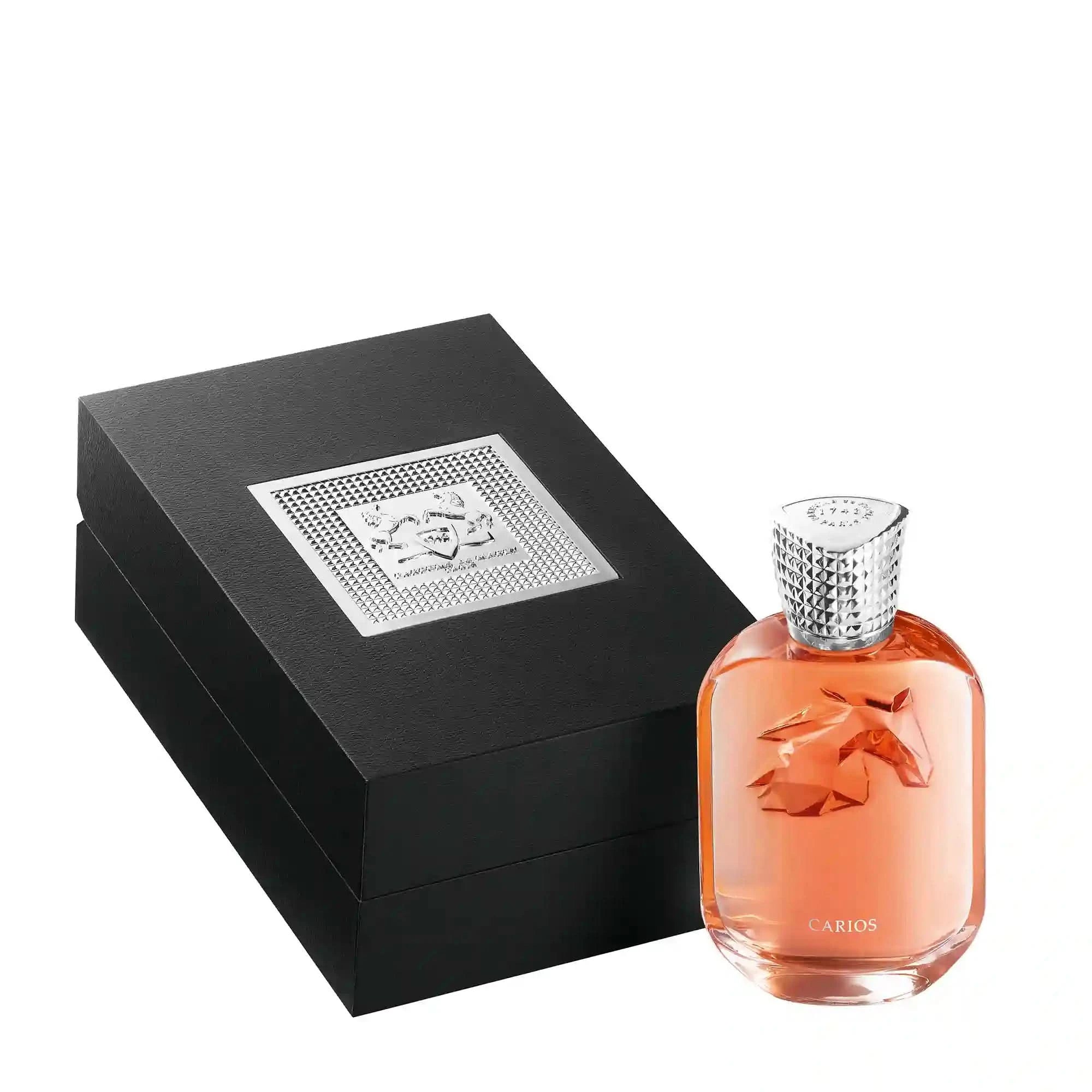 Perfume bottle with black box on a white background