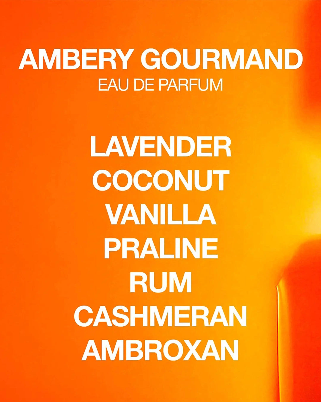 Ambery Gourmand eau de parfum description on an orange background