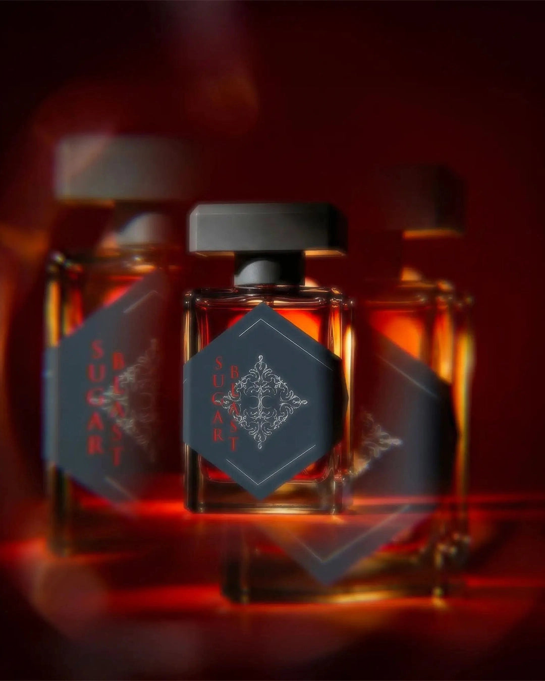 Perfume bottle with decorative label on a dark background