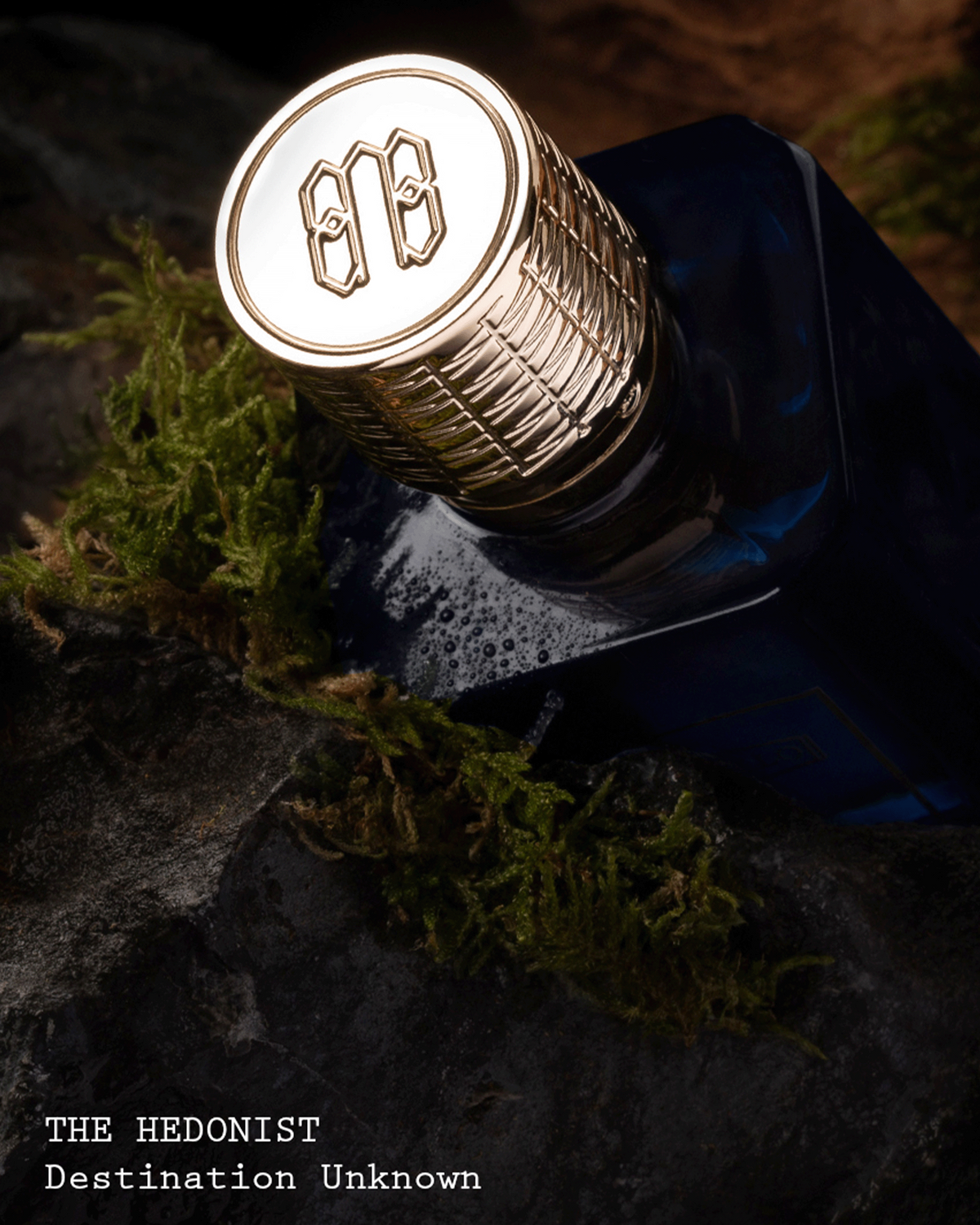 A dark blue bottle with a highly textured, metallic gold cap resting on dark rocks with green moss. The text 'THE HEDONIST Destination Unknown' is visible in the bottom-left corner.