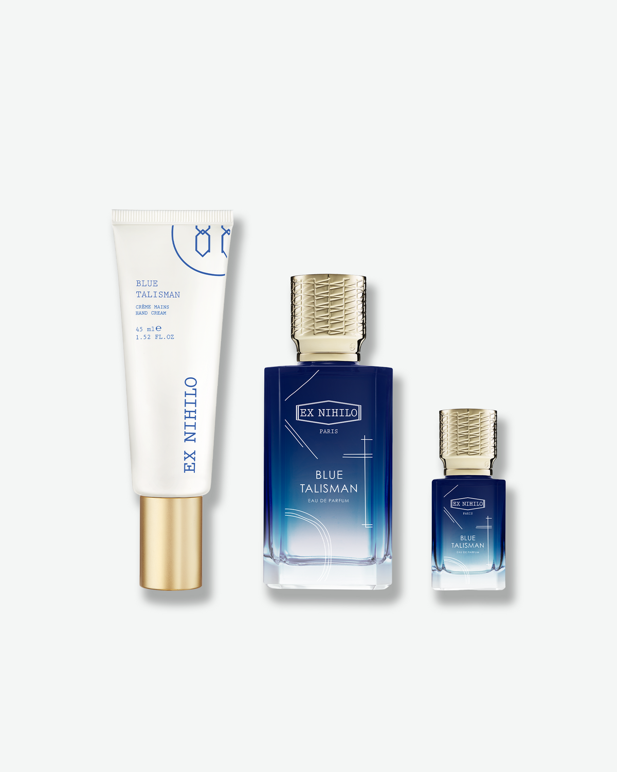 Ex Nihilo Blue Talisman gift set featuring Blue Talisman Eau de Parfum in full and travel sizes alongside the coordinating hand cream.