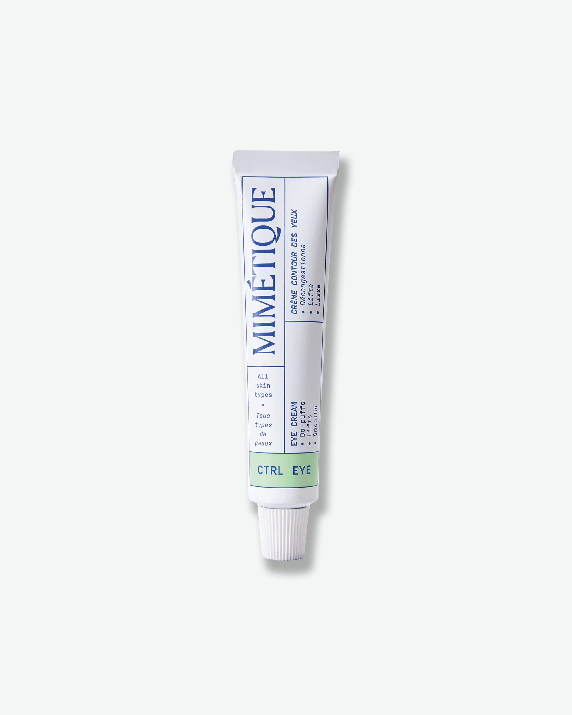 A white squeeze tube of Mimetique Clear Contingency Gel Eye cream on a light gray background.