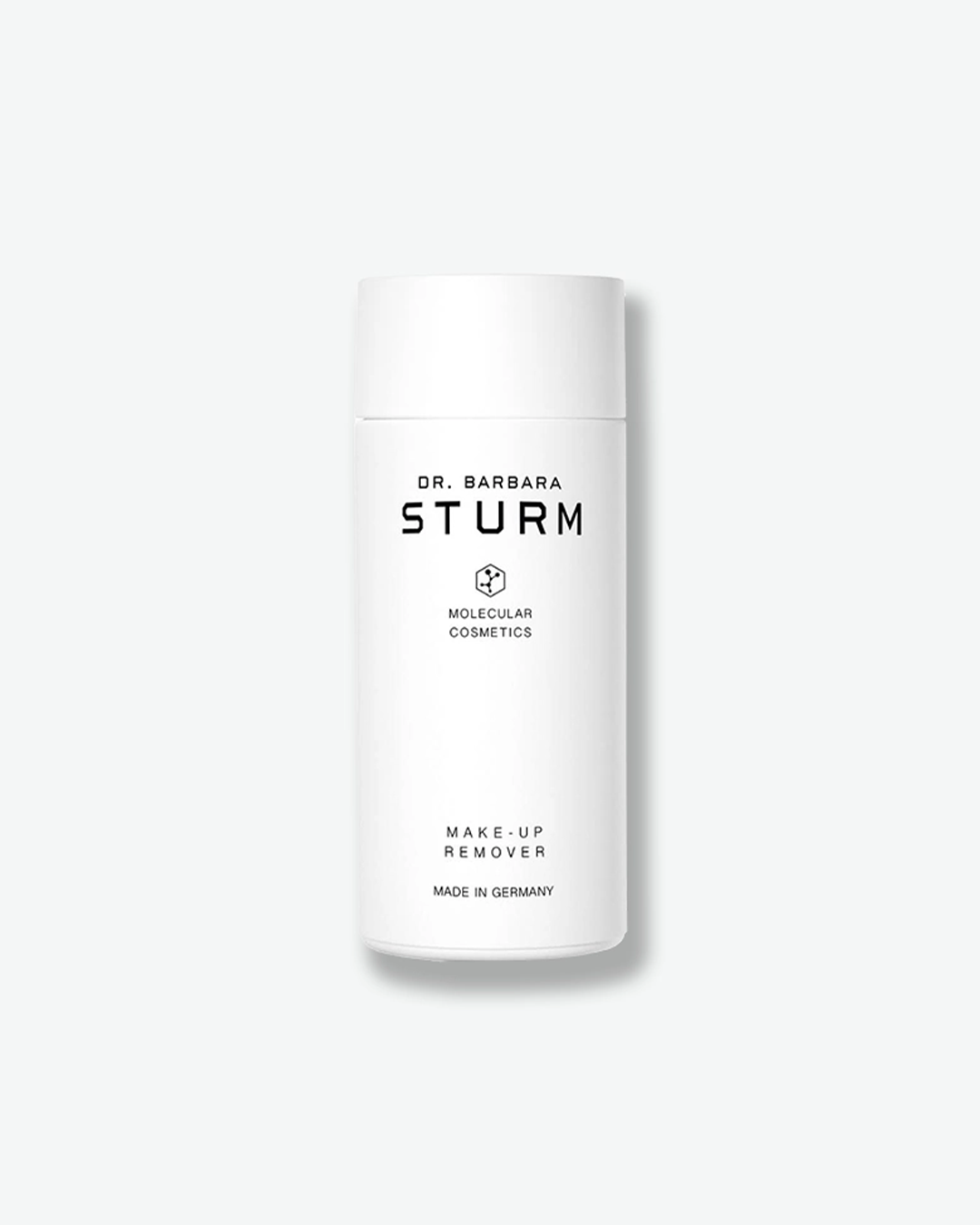 A product shot of a Dr. Barbara Sturm Make-Up Remover bottle, centered against a plain light gray background. The cylindrical bottle is solid white with a matching white cap. The front displays clean, minimalist black text reading "DR. BARBARA STURM", a small molecular hexagon logo, "MOLECULAR COSMETICS", "MAKE-UP REMOVER", and "MADE IN GERMANY".