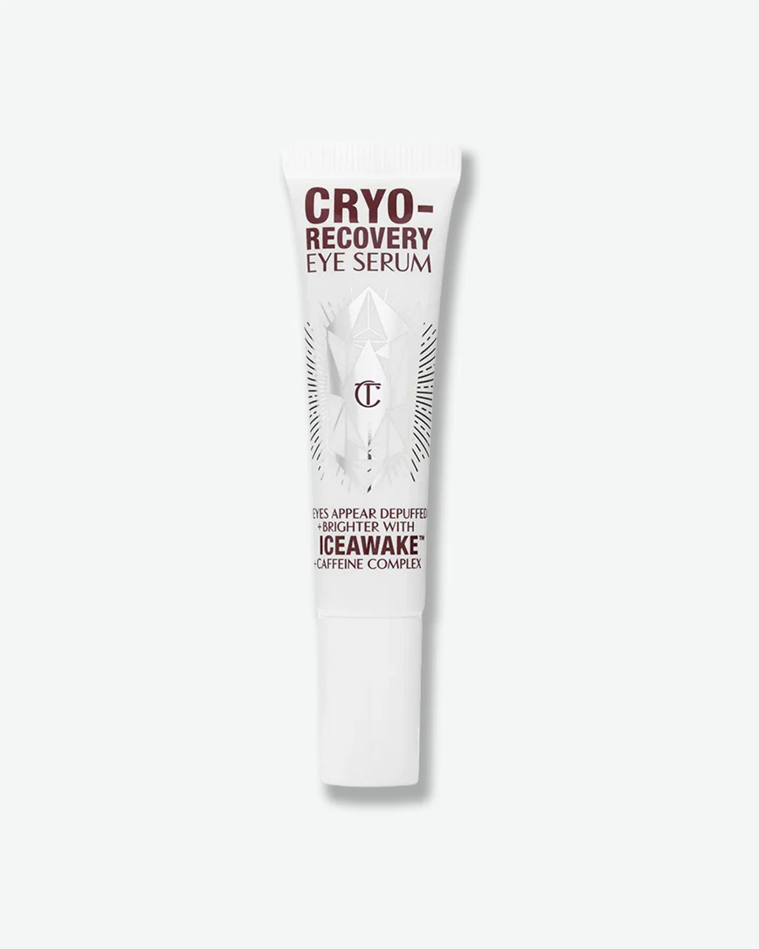 White tube of Cyro-recovery Eye Serum lettering in brown with Charlotte Tilbury branding on light grey background