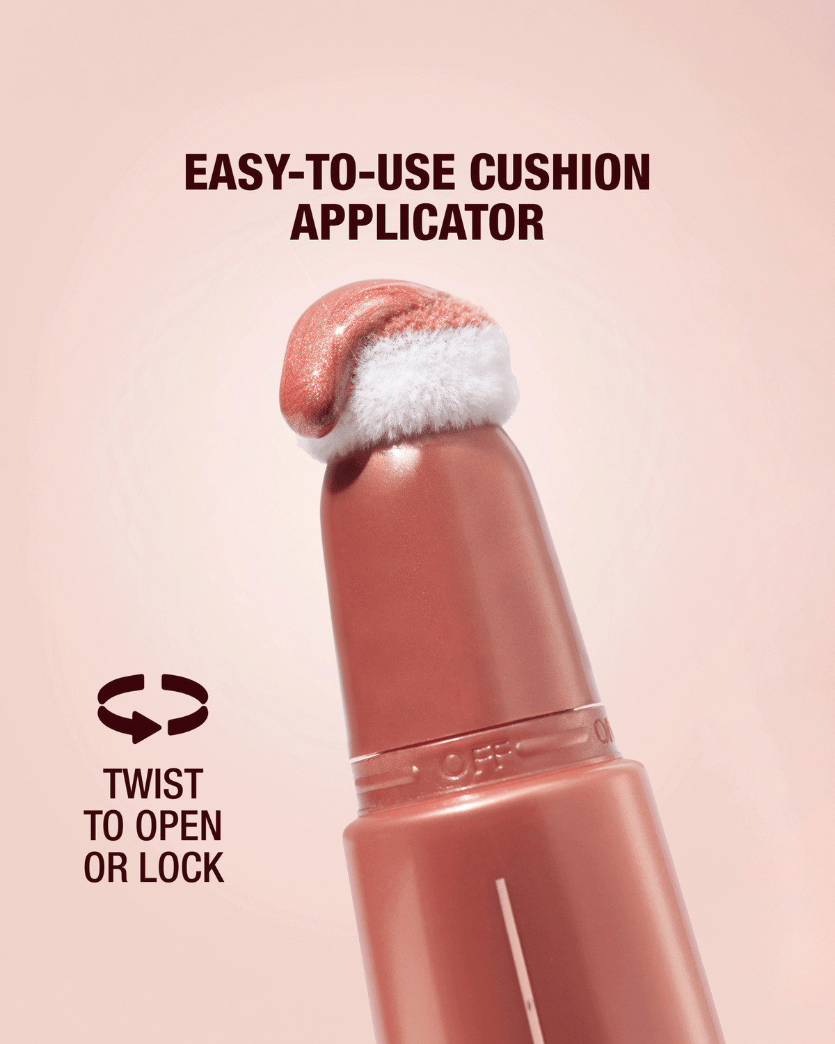 Model applying Charlotte Tilbury Beauty Light Wand against a sparkling red backdrop.
