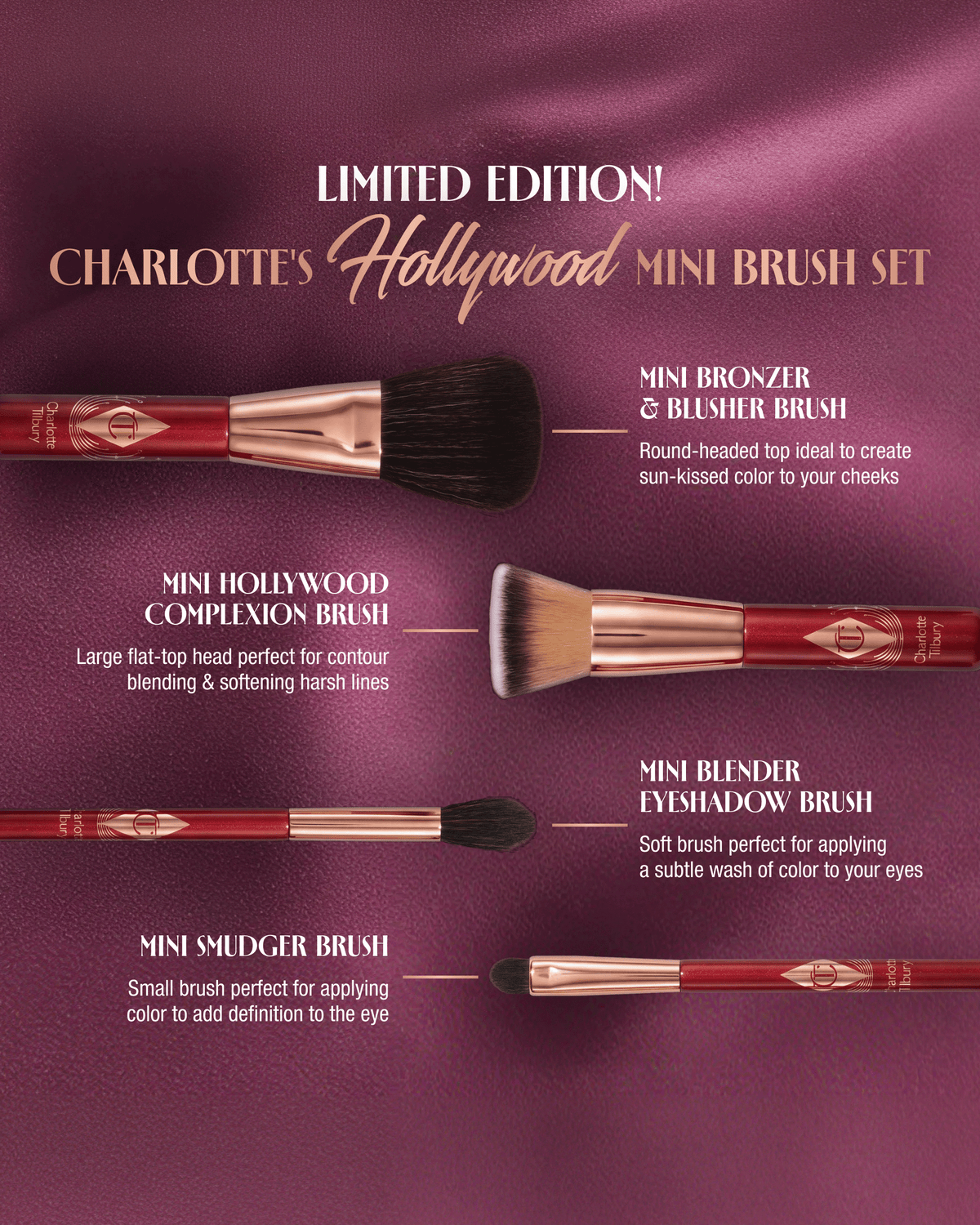 Charlotte Tilbury Hollywood Mini Brush Set guide featuring four mini brushes and their uses for complexion, bronzer, eyeshadow, and smudging.