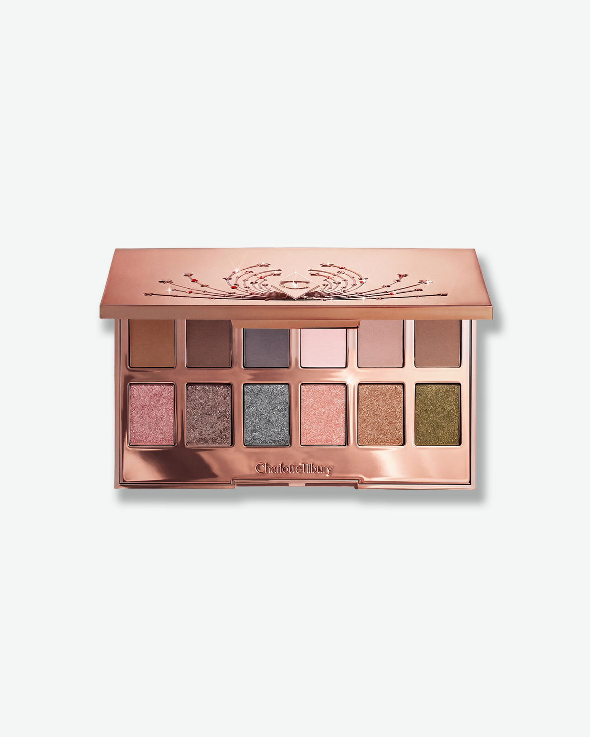 Charlotte Tilbury Hollywood Flawless Light Tricks Eye Palette open to reveal 12 matte and shimmer neutral, pink, silver, and gold eyeshadows.