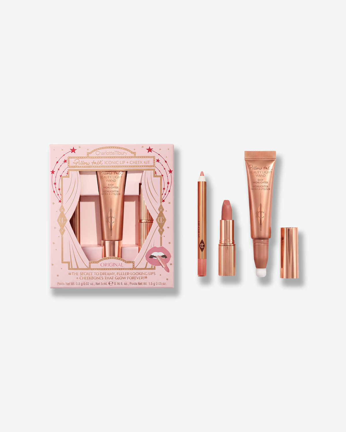 Charlotte Tilbury Pillow Talk Iconic Lip + Cheek Kit in Original, shown with the gift box, Lip Cheat lip liner, Matte Revolution lipstick, and Beauty Light Wand.