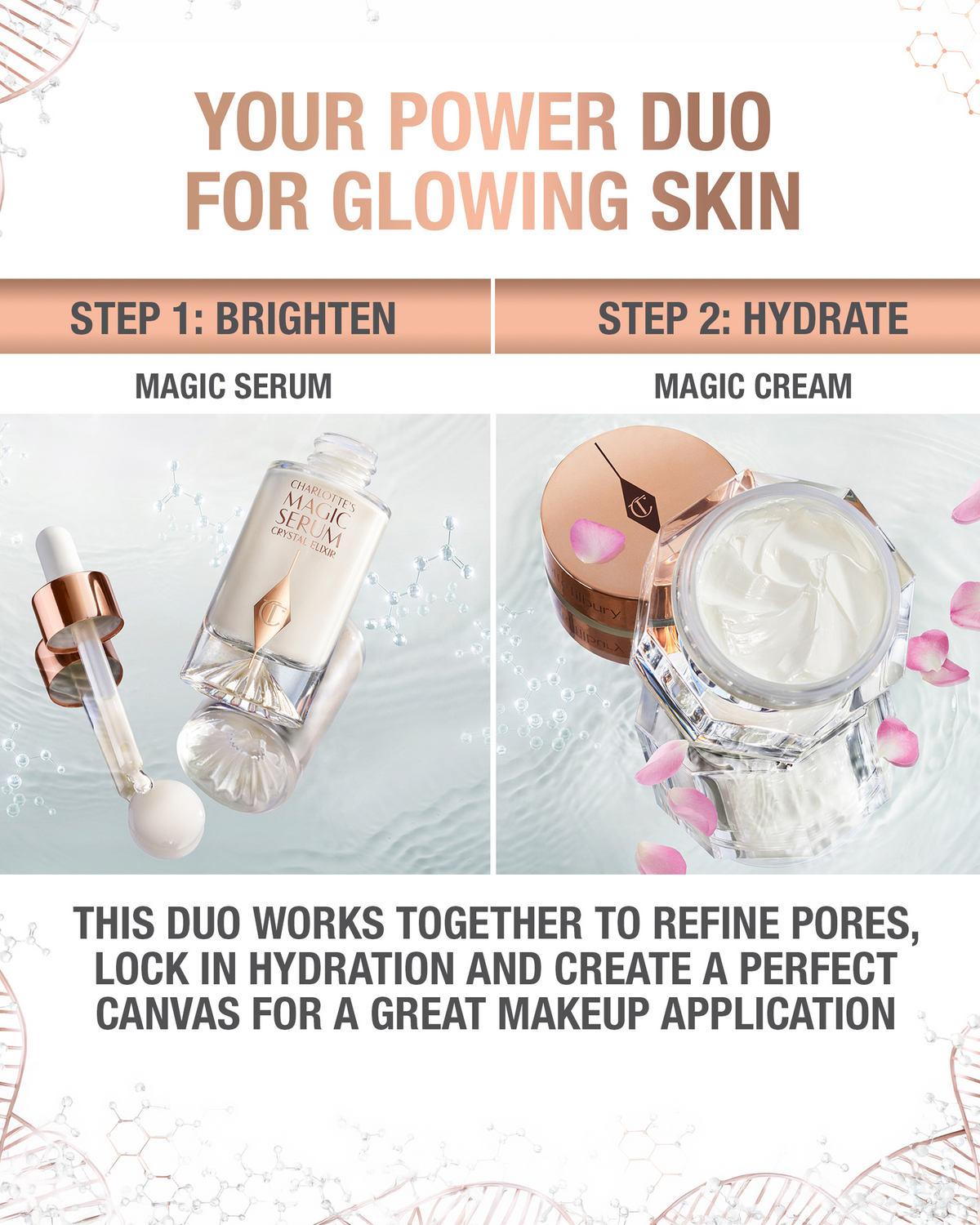 Charlotte’s Magic Serum and Magic Cream shown as a two-step skincare duo to brighten, hydrate, refine pores, and prep skin for makeup.