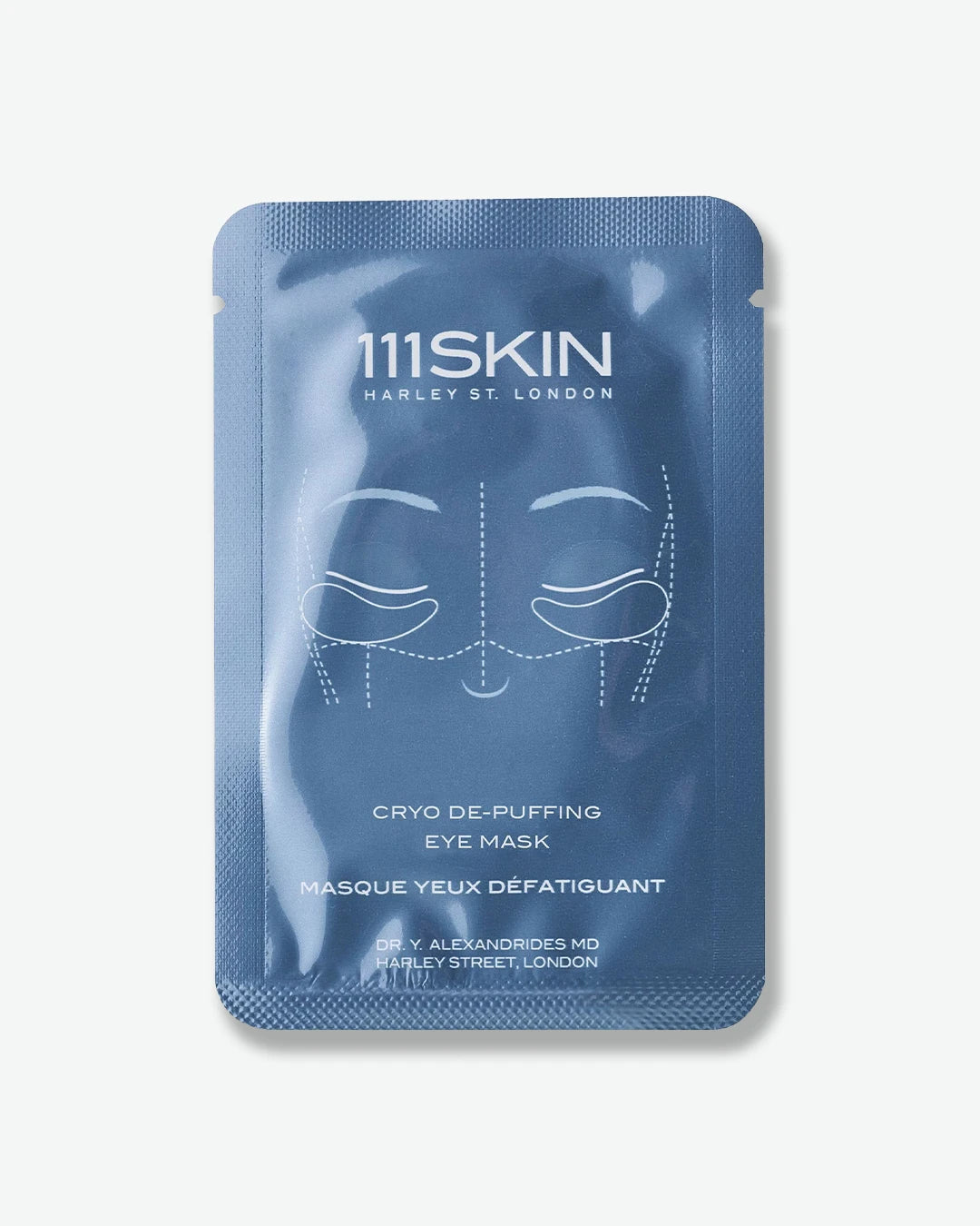 Blue eye mask packaging with '111SKIN' branding on a white background