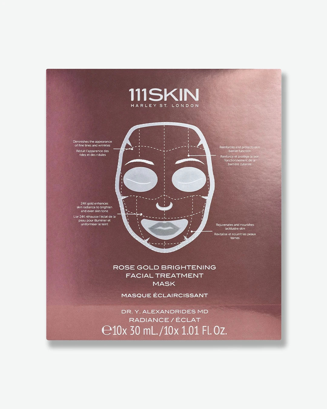 111SKIN rose gold brightening facial treatment mask packaging on a white background